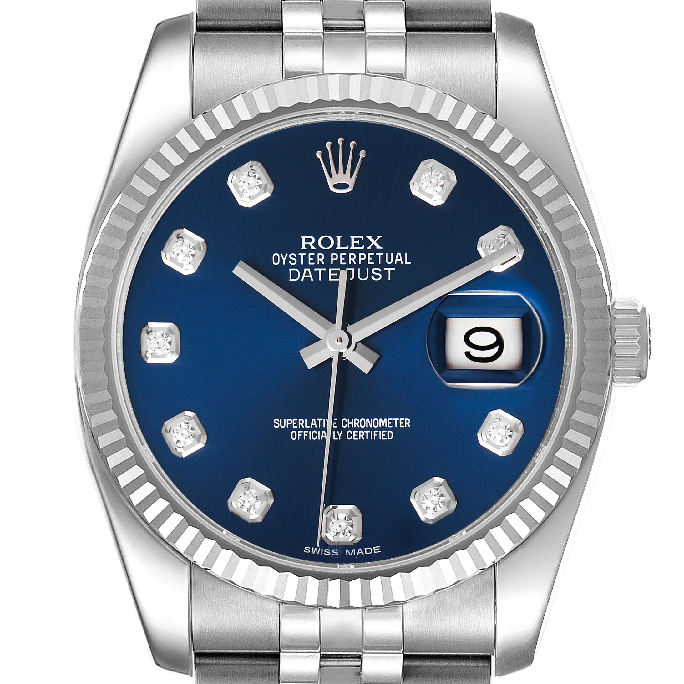 The image shows the Rolex Datejust 116234 Men's Stainless Steel Blue Dial 116234 Men's Stainless Steel Blue Dial watch from the front, highlighting the blue dial, bezel, and bracelet.