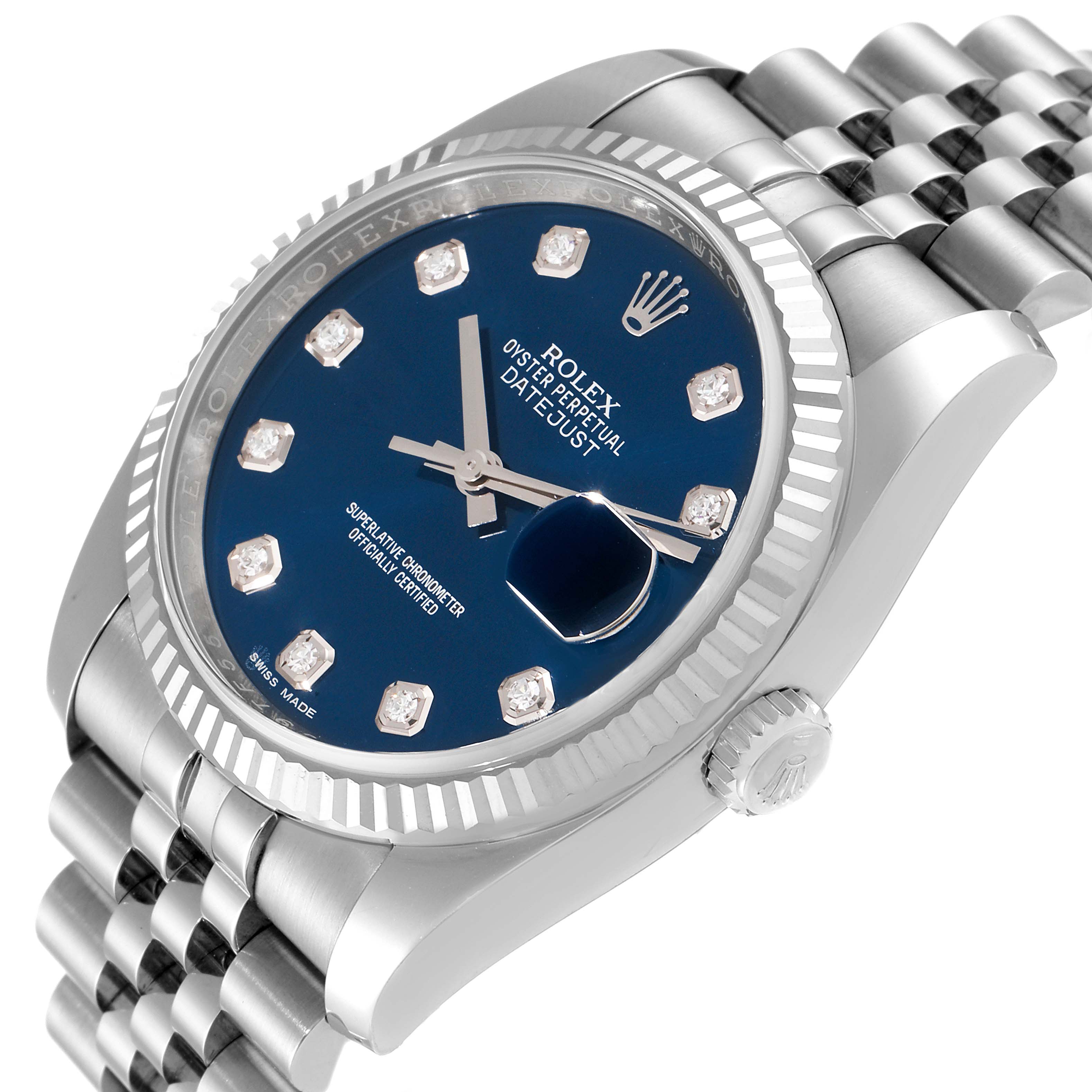 The image shows the face and part of the bracelet of a Rolex Datejust 116234 Men's Stainless Steel Blue Dial 116234 Men's Stainless Steel Blue Dial watch, angled to highlight the blue dial and diamond markers.