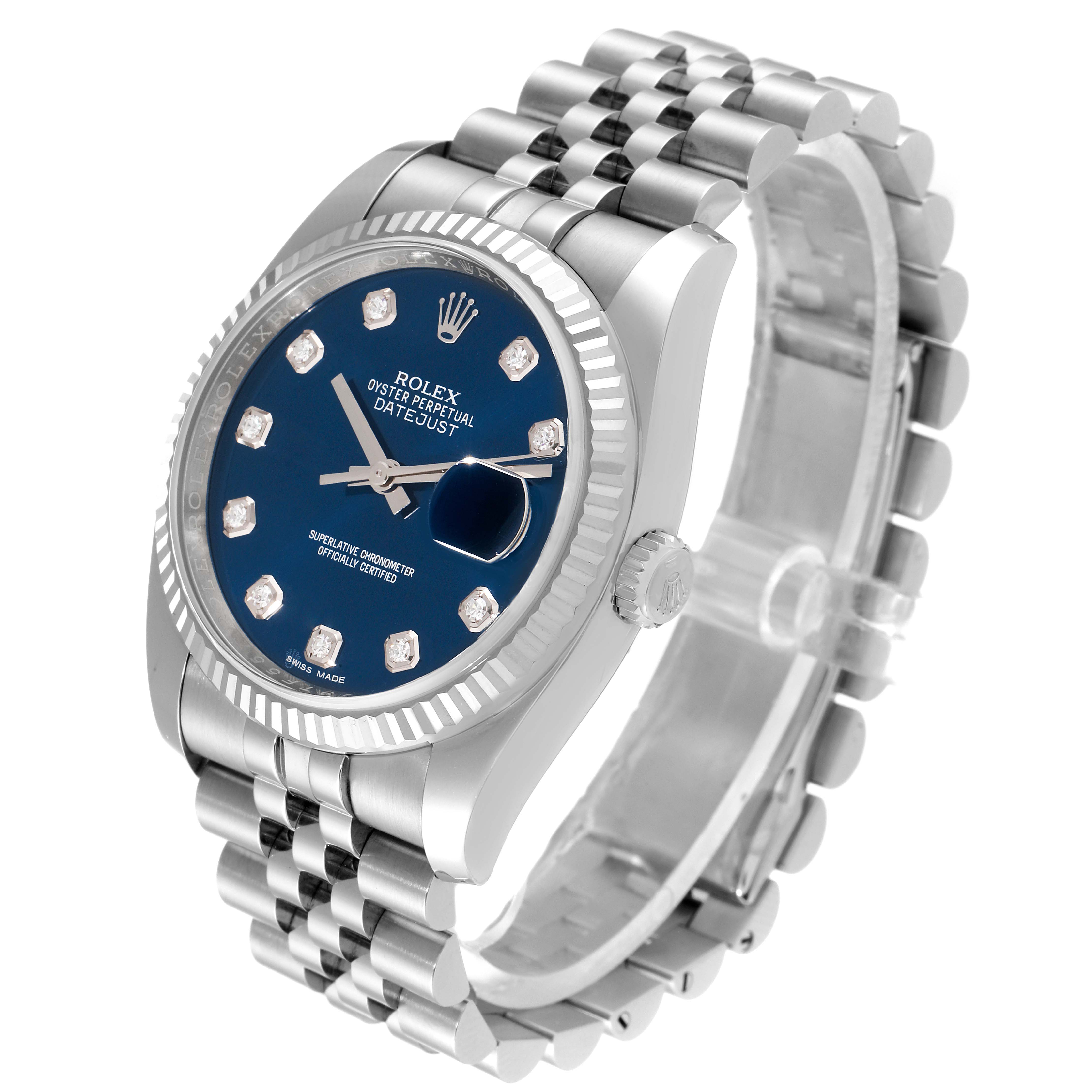 This image shows a Rolex Datejust 116234 Men's Stainless Steel Blue Dial 116234 Men's Stainless Steel Blue Dial watch at a three-quarter angle, highlighting the dial, bezel, crown, and bracelet.