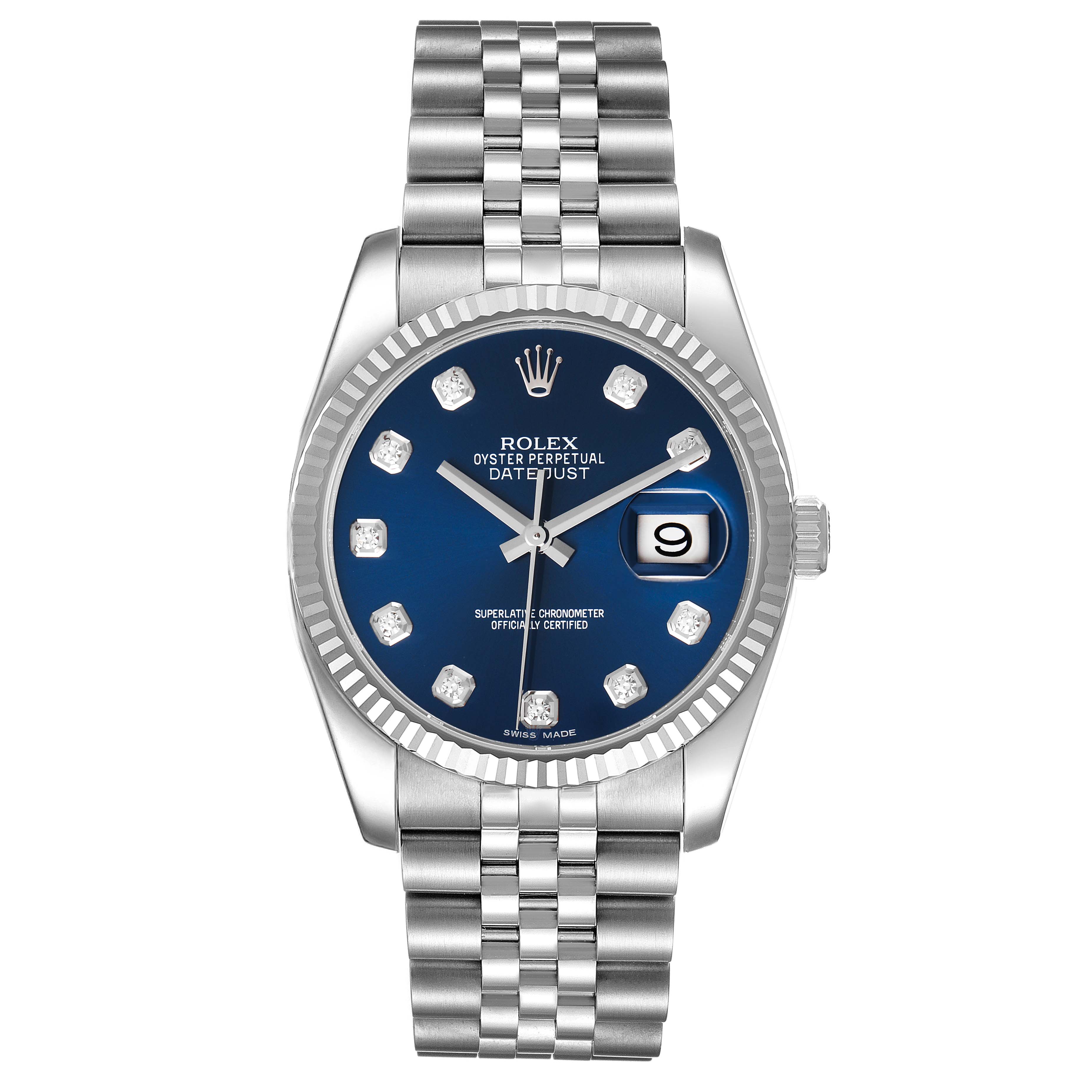 The Rolex Datejust 116234 Men's Stainless Steel Blue Dial 116234 Men's Stainless Steel Blue Dial watch is shown from a front angle, displaying the dial, bezel, and bracelet.