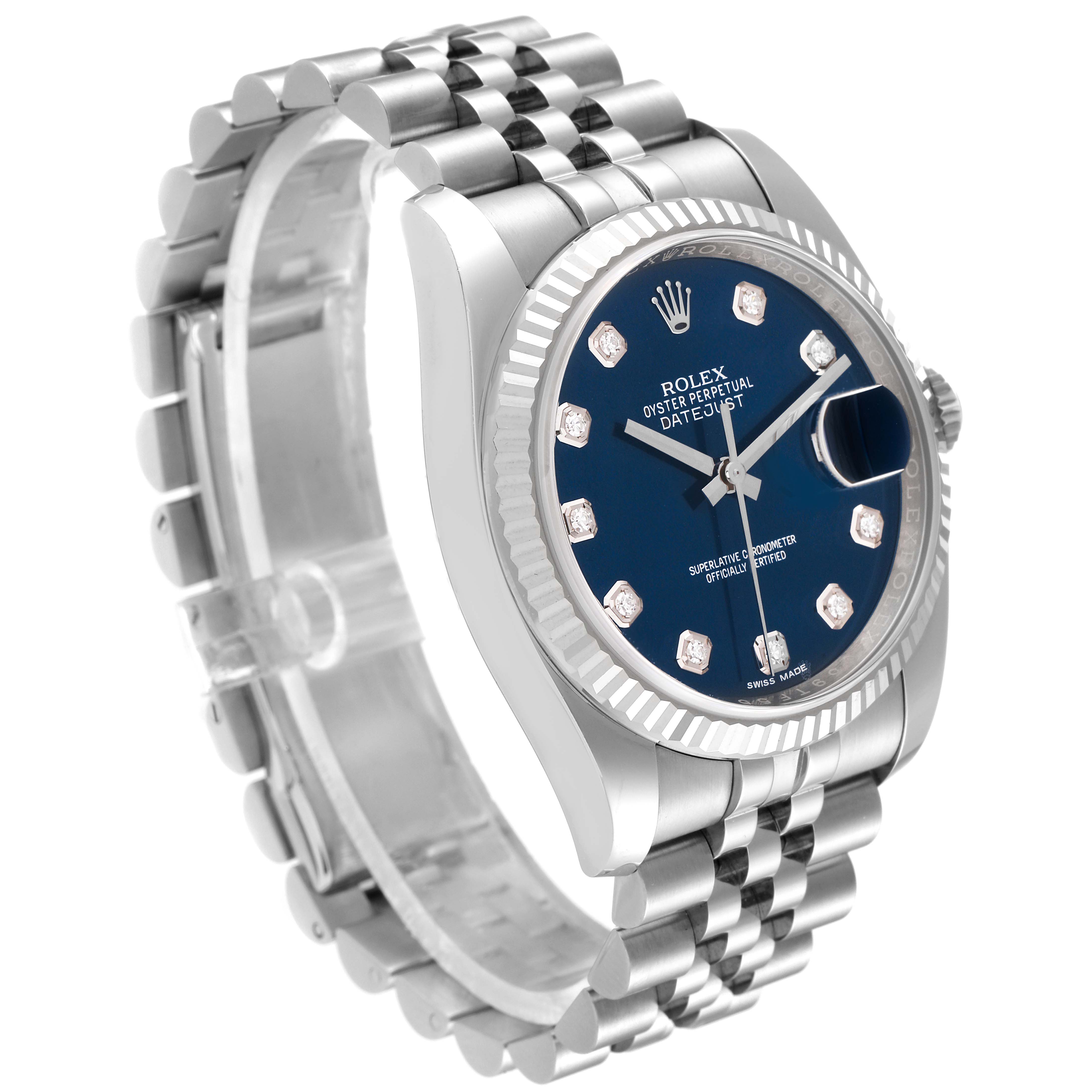 The image shows a slightly angled view of a Rolex Datejust 116234 Men's Stainless Steel Blue Dial 116234 Men's Stainless Steel Blue Dial watch, highlighting the bezel, crown, dial, and bracelet.