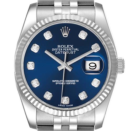 Photo of Rolex Datejust Steel White Gold Blue Diamond Dial Mens Watch 116234 Box Card