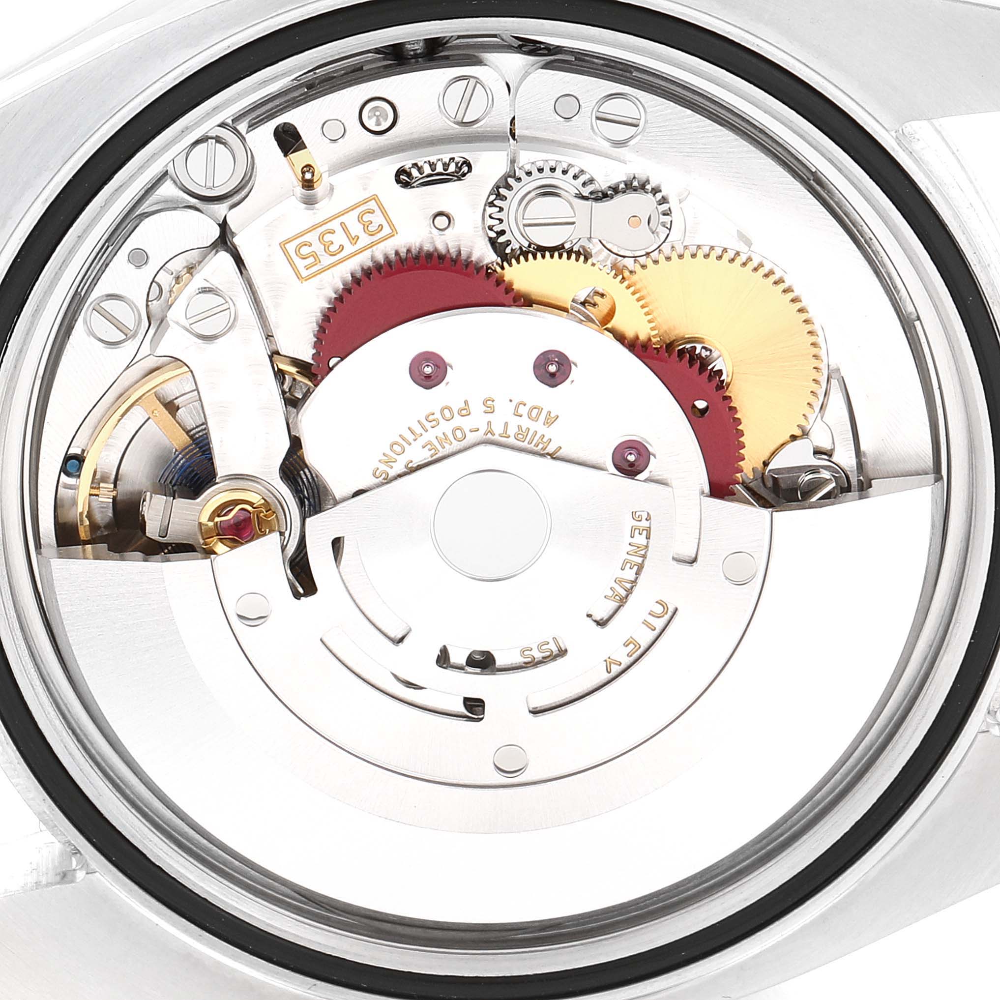 This image shows the inner mechanism of a Rolex Datejust 116234 Men's Stainless Steel Blue Dial 116234 Men's Stainless Steel Blue Dial watch, specifically focusing on the movement and gears.