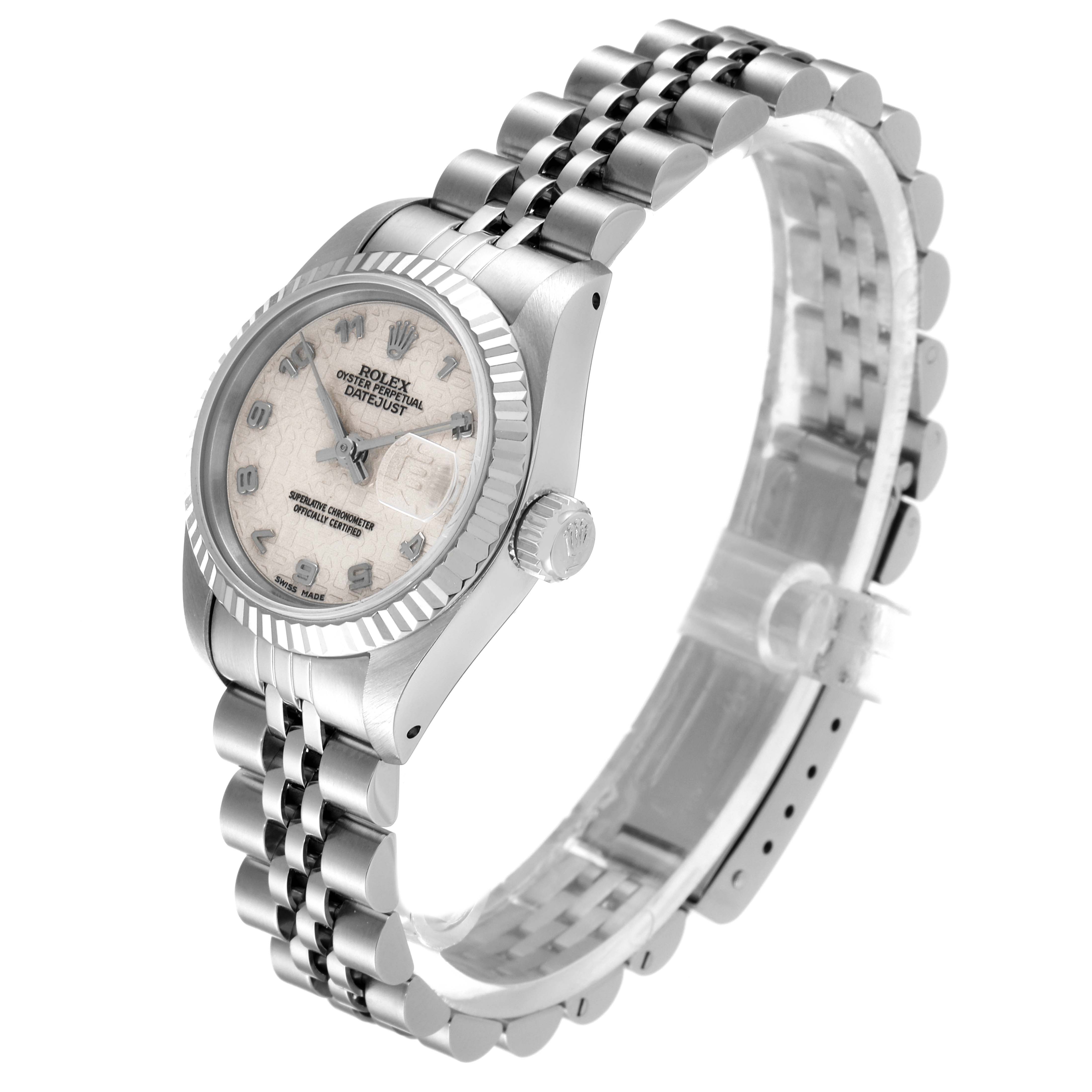 The image shows a side view of the Rolex Datejust 69174 Women
s Stainless Steel Silver Dial 69174 Women
s Stainless Steel Silver Dial watch, highlighting its face, bezel, crown, and bracelet.