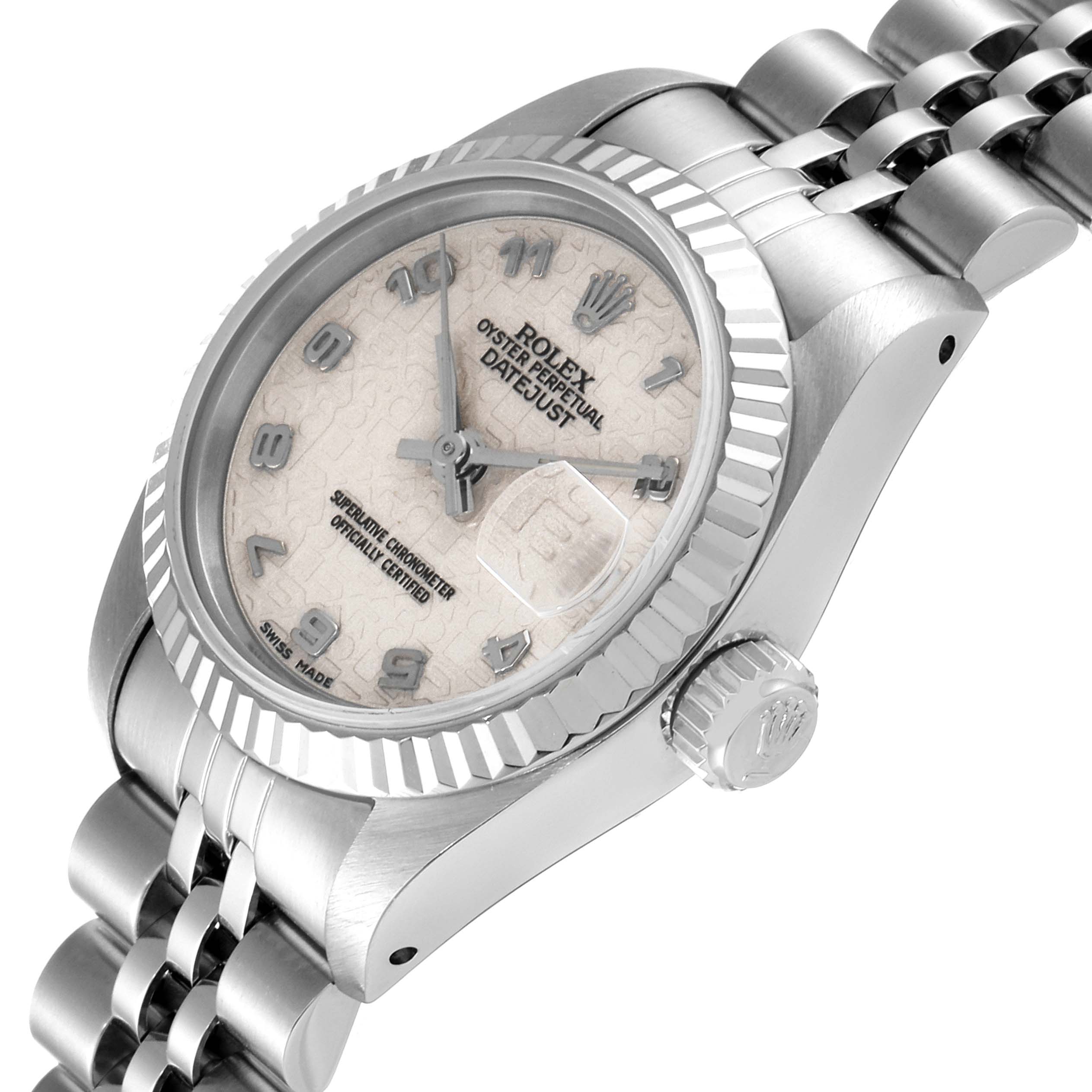 The image displays a Rolex Datejust 69174 Women
s Stainless Steel Silver Dial 69174 Women
s Stainless Steel Silver Dial watch angled from the front-left, showing the dial, bezel, crown, and part of the bracelet.