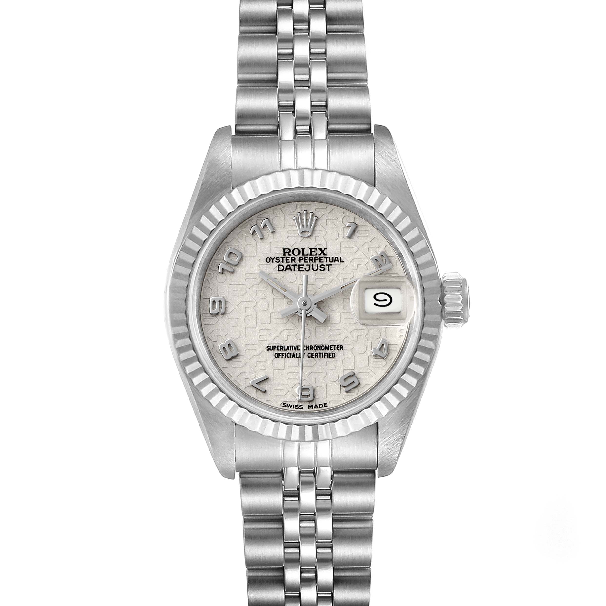 This image shows a Rolex Datejust 69174 Women
s Stainless Steel Silver Dial 69174 Women
s Stainless Steel Silver Dial watch with a fluted bezel, jubilee bracelet, and a textured dial with a date window at 3 o
clock.