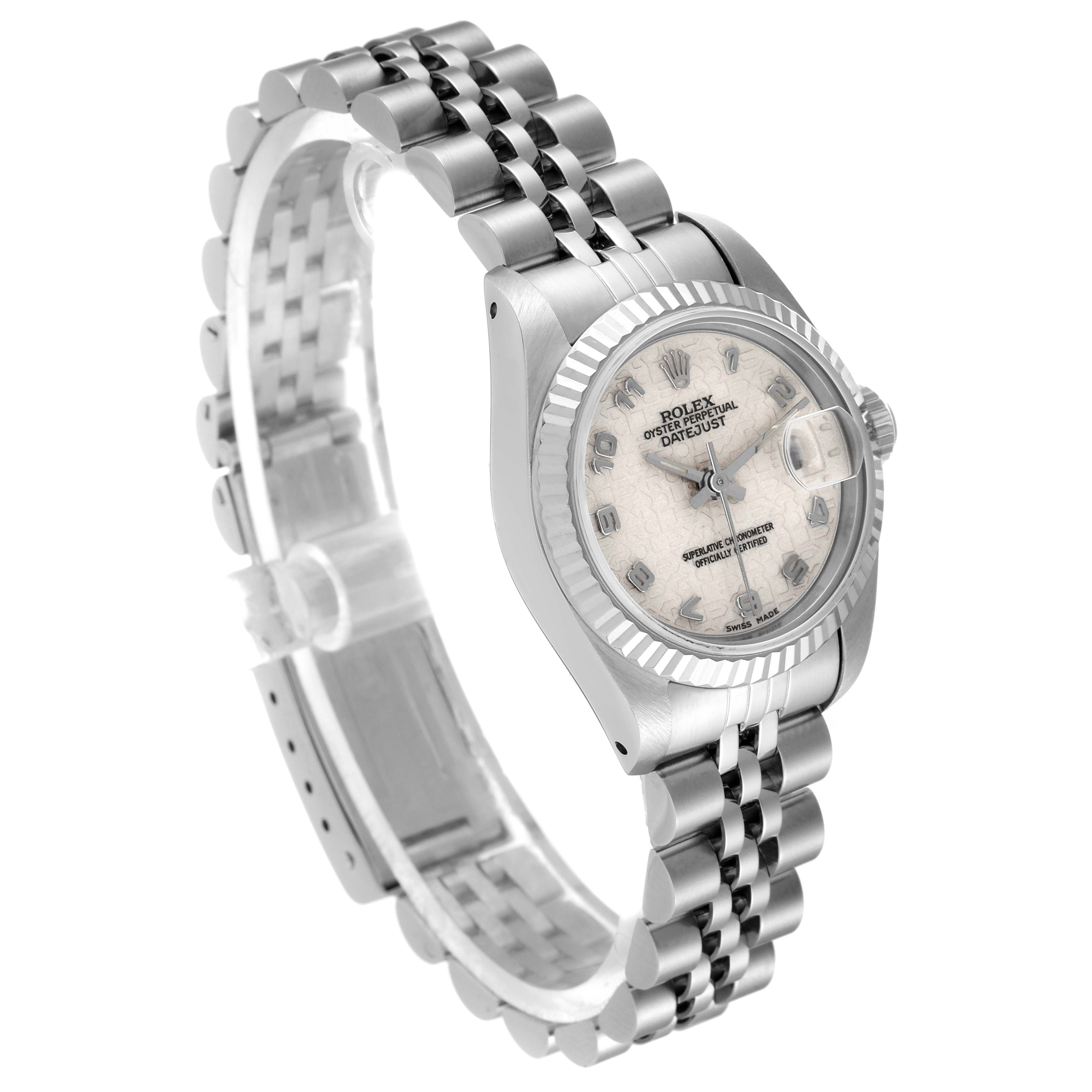 This image shows a Rolex Datejust 69174 Women
s Stainless Steel Silver Dial 69174 Women
s Stainless Steel Silver Dial watch at a three-quarter angle, highlighting its face, bezel, and Jubilee bracelet.