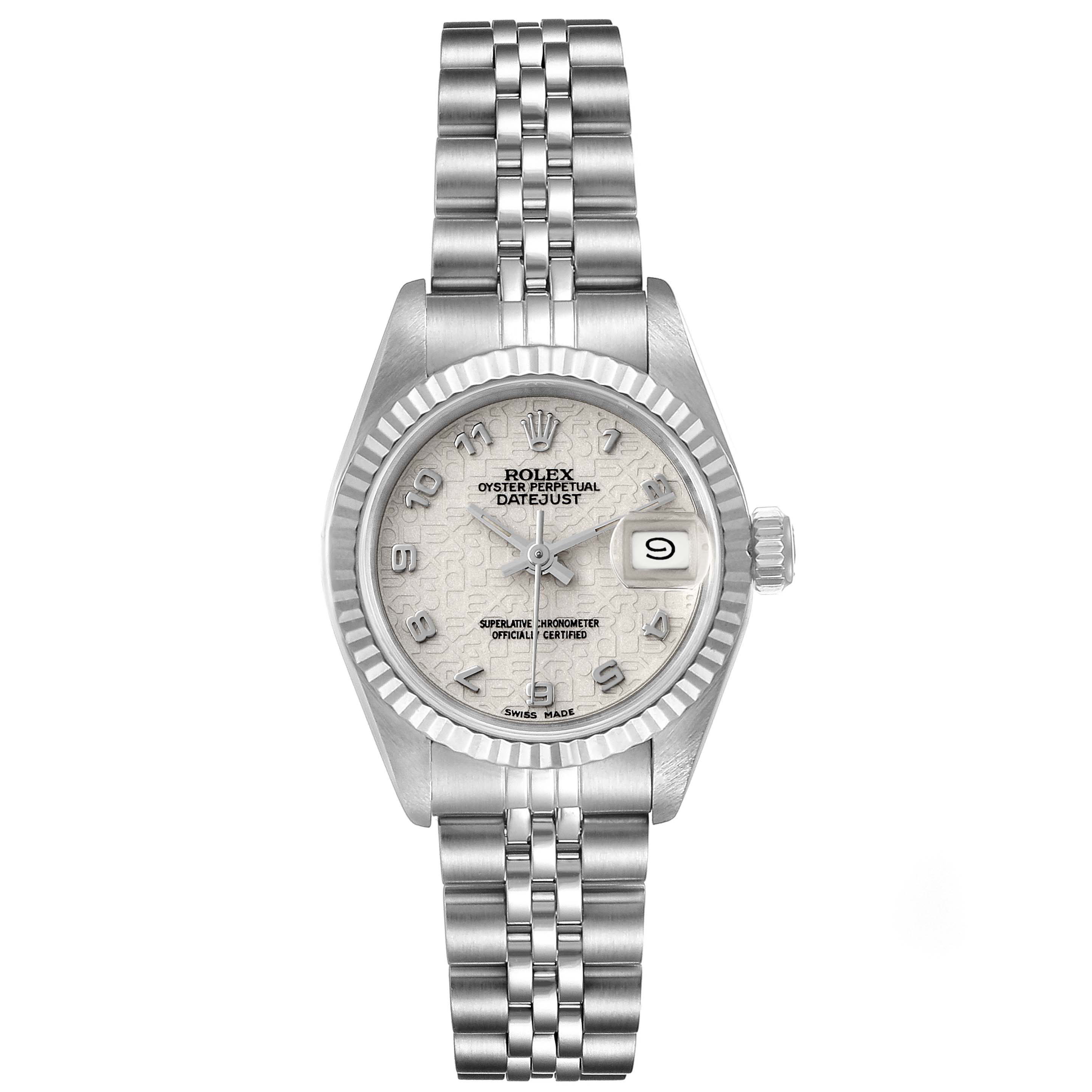 The image shows a front view of a Rolex Datejust 69174 Women
s Stainless Steel Silver Dial 69174 Women
s Stainless Steel Silver Dial watch, highlighting its dial, bezel, and bracelet.