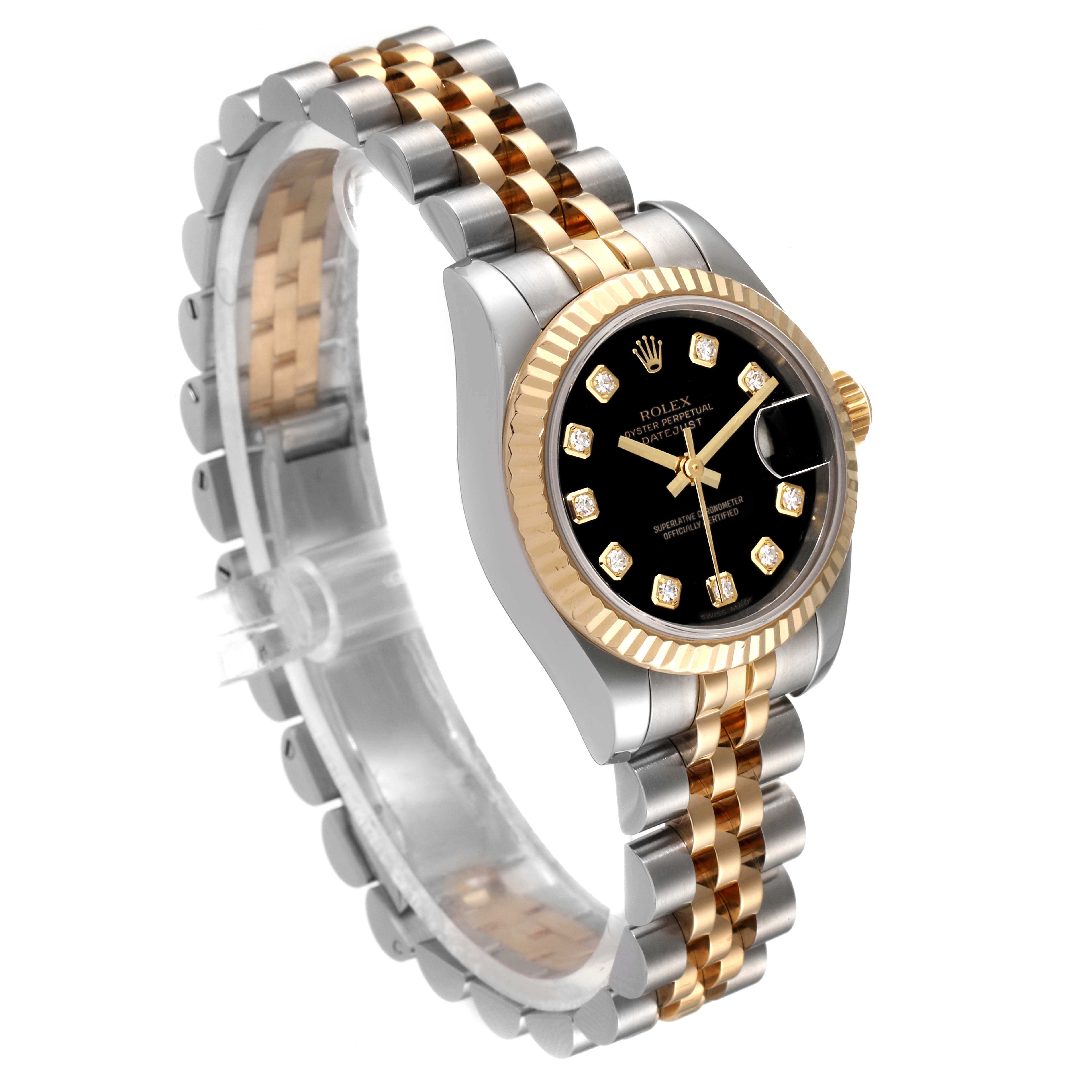 The image shows a Rolex Datejust 179173 Women's Steel and Gold (two tone) Black Dial 179173 Women's Steel and Gold (two tone) Black Dial watch angled to display its black dial, gold hour markers, and two-tone bracelet.