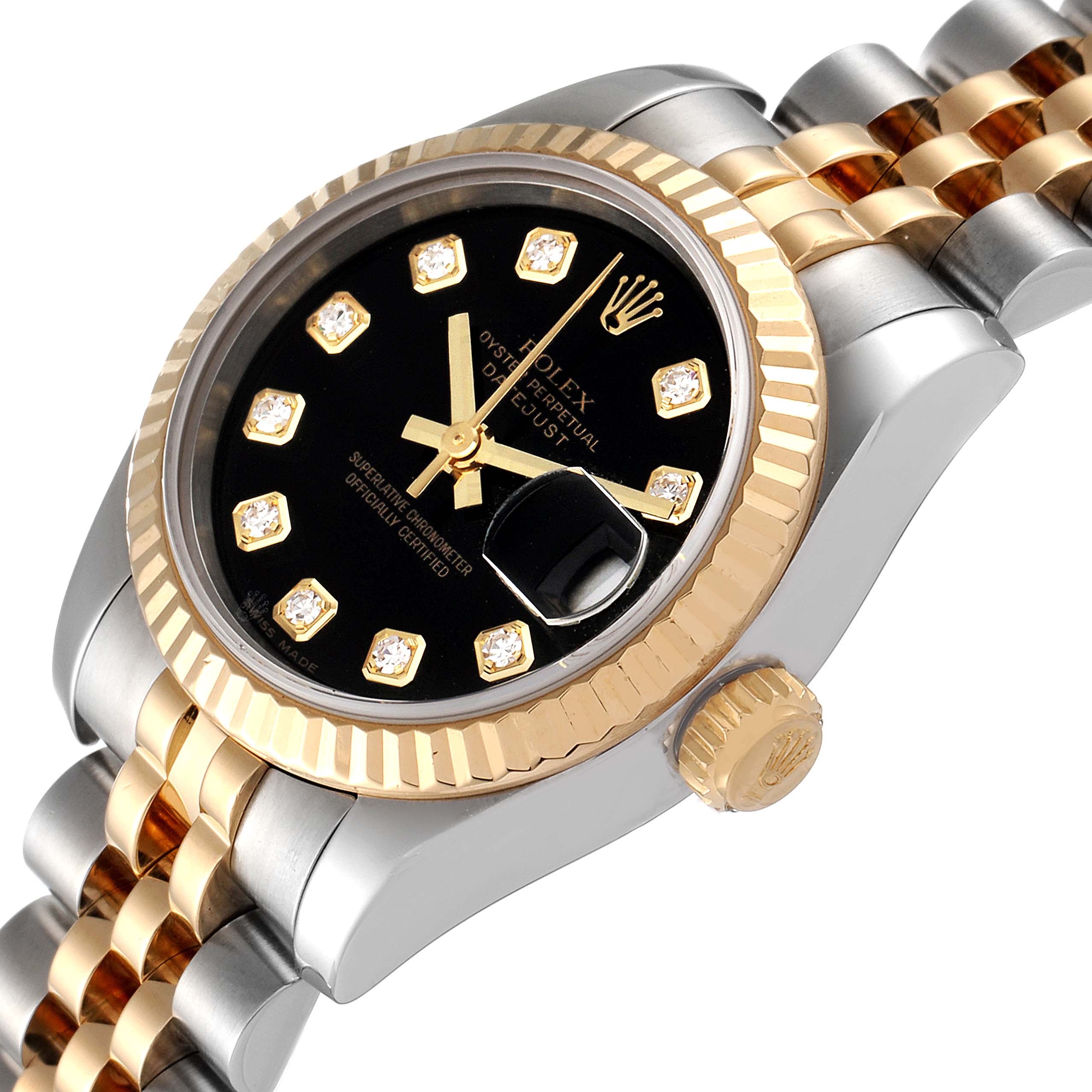The image shows a Rolex Datejust 179173 Women's Steel and Gold (two tone) Black Dial 179173 Women's Steel and Gold (two tone) Black Dial watch from a top angle, showcasing the dial, fluted bezel, and part of the bracelet.