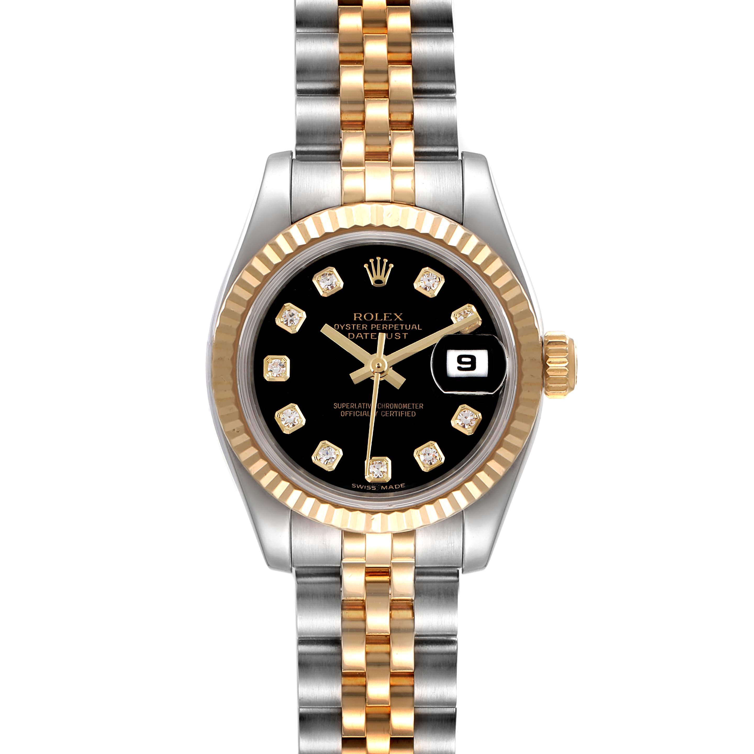 This image shows a Rolex Datejust 179173 Women's Steel and Gold (two tone) Black Dial 179173 Women's Steel and Gold (two tone) Black Dial watch from a top-down angle, highlighting the face, bezel, and two-tone bracelet.