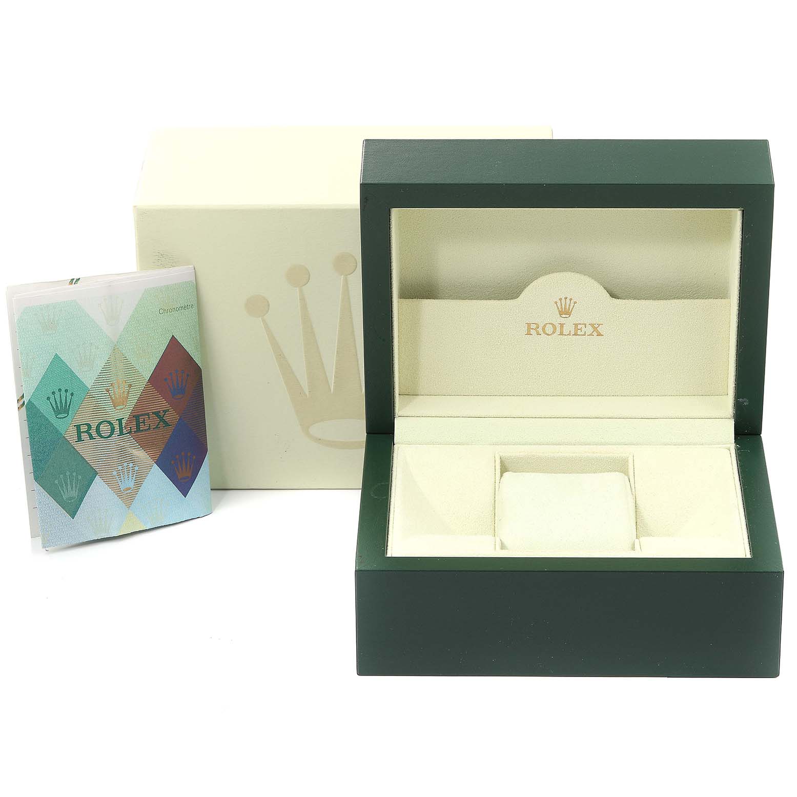 The image shows the packaging of a Rolex Datejust 179173 Women's Steel and Gold (two tone) Black Dial 179173 Women's Steel and Gold (two tone) Black Dial model, including an outer box, inner box, and booklet.