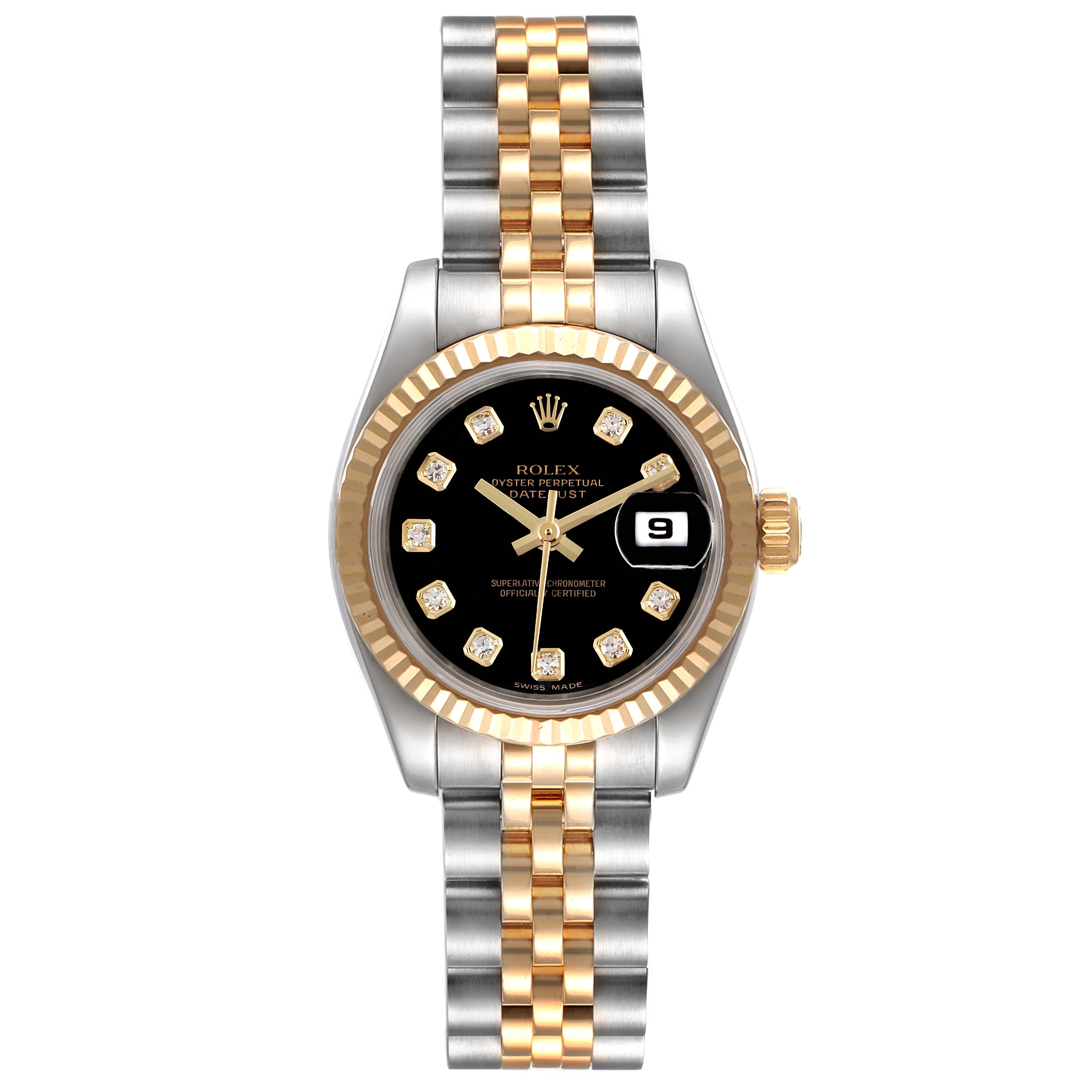 This image shows a head-on view of a Rolex Datejust 179173 Women's Steel and Gold (two tone) Black Dial 179173 Women's Steel and Gold (two tone) Black Dial watch, highlighting the face, bezel, and two-tone bracelet.