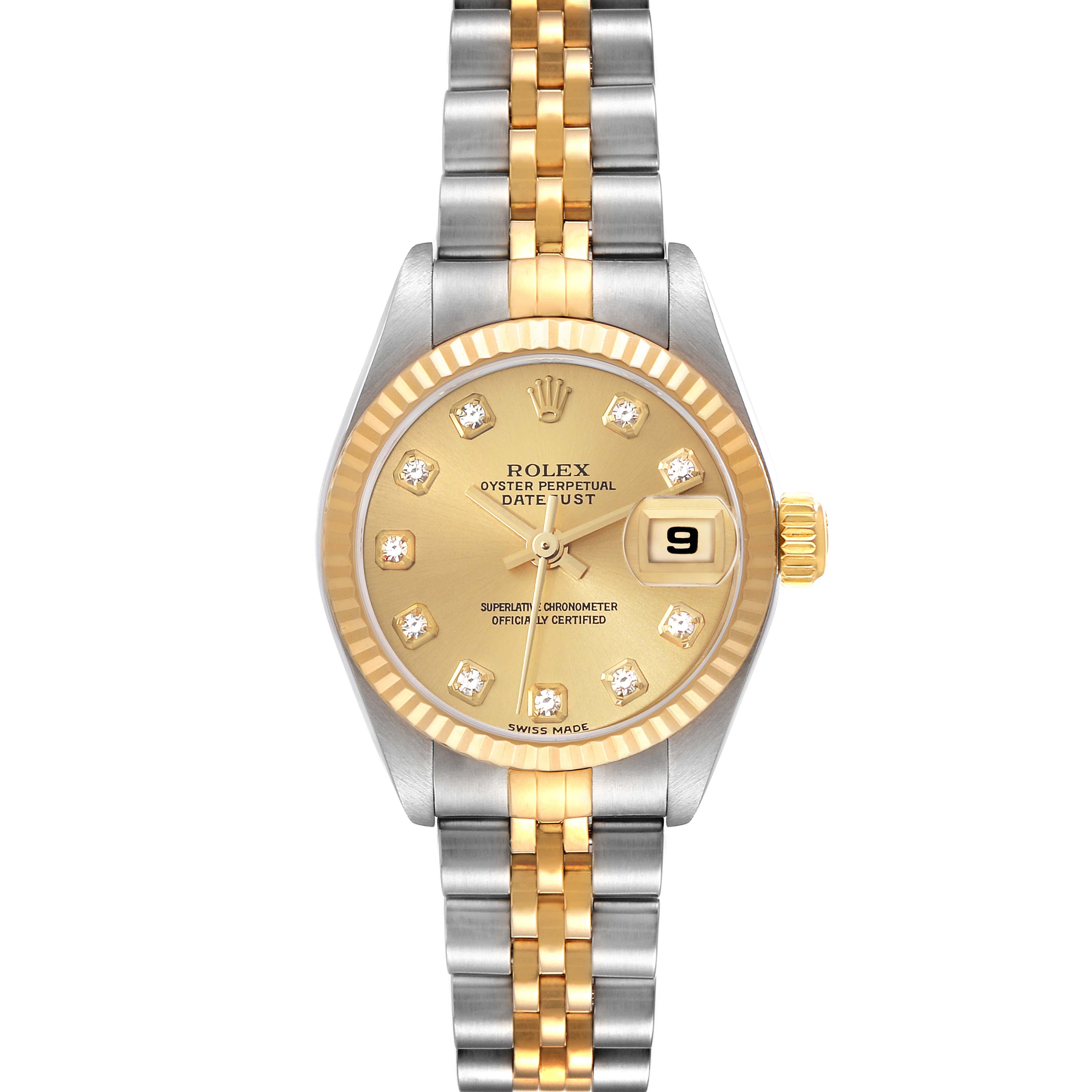 The Rolex Datejust 79173 Women's Steel and Gold (two tone) Champagne Dial 79173 Women's Steel and Gold (two tone) Champagne Dial watch is shown from a top-down angle, highlighting the dial, bracelet, bezel, and crown.