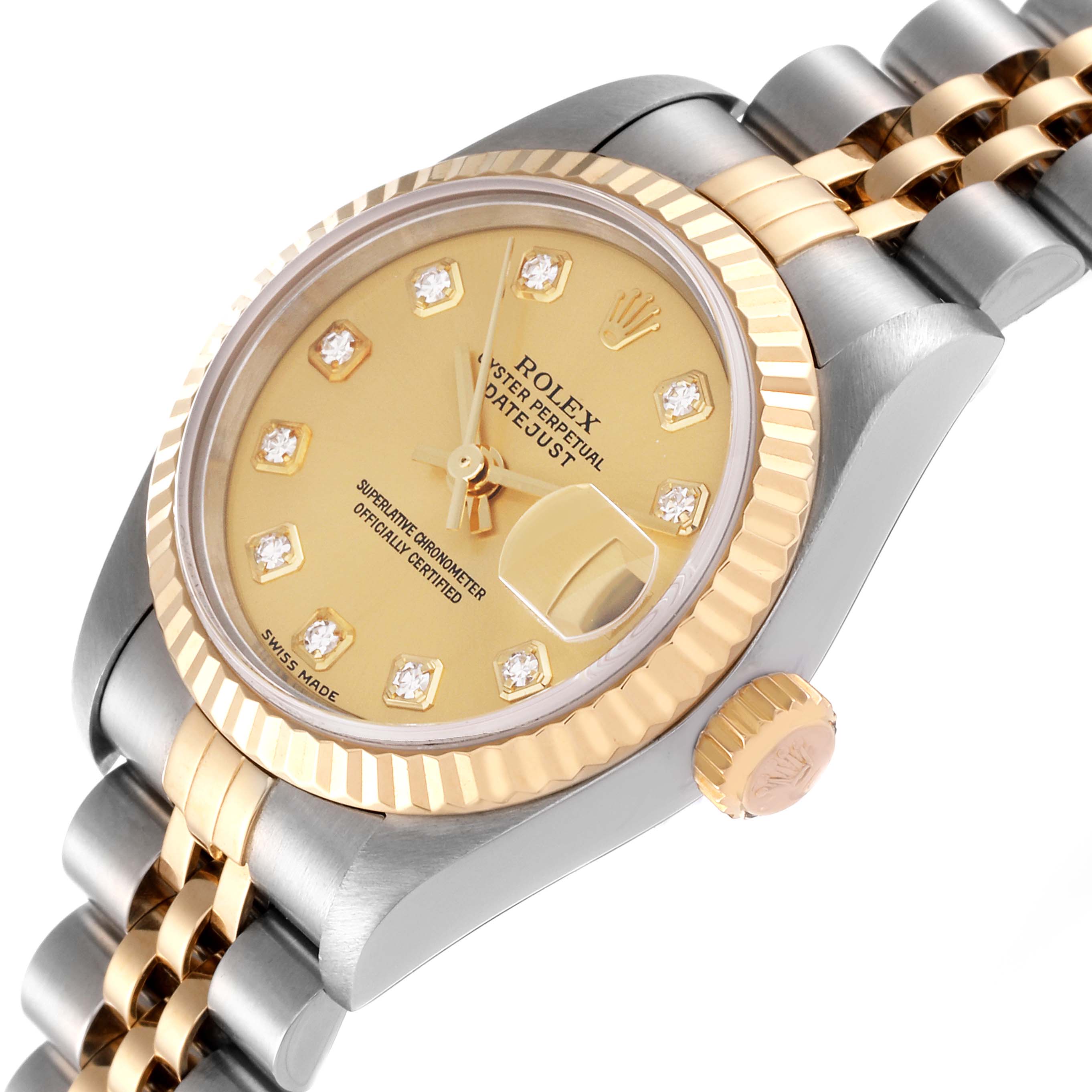 The image shows a close-up, angled view of a Rolex Datejust 79173 Women's Steel and Gold (two tone) Champagne Dial 79173 Women's Steel and Gold (two tone) Champagne Dial watch, highlighting its face, bezel, crown, and part of the bracelet.