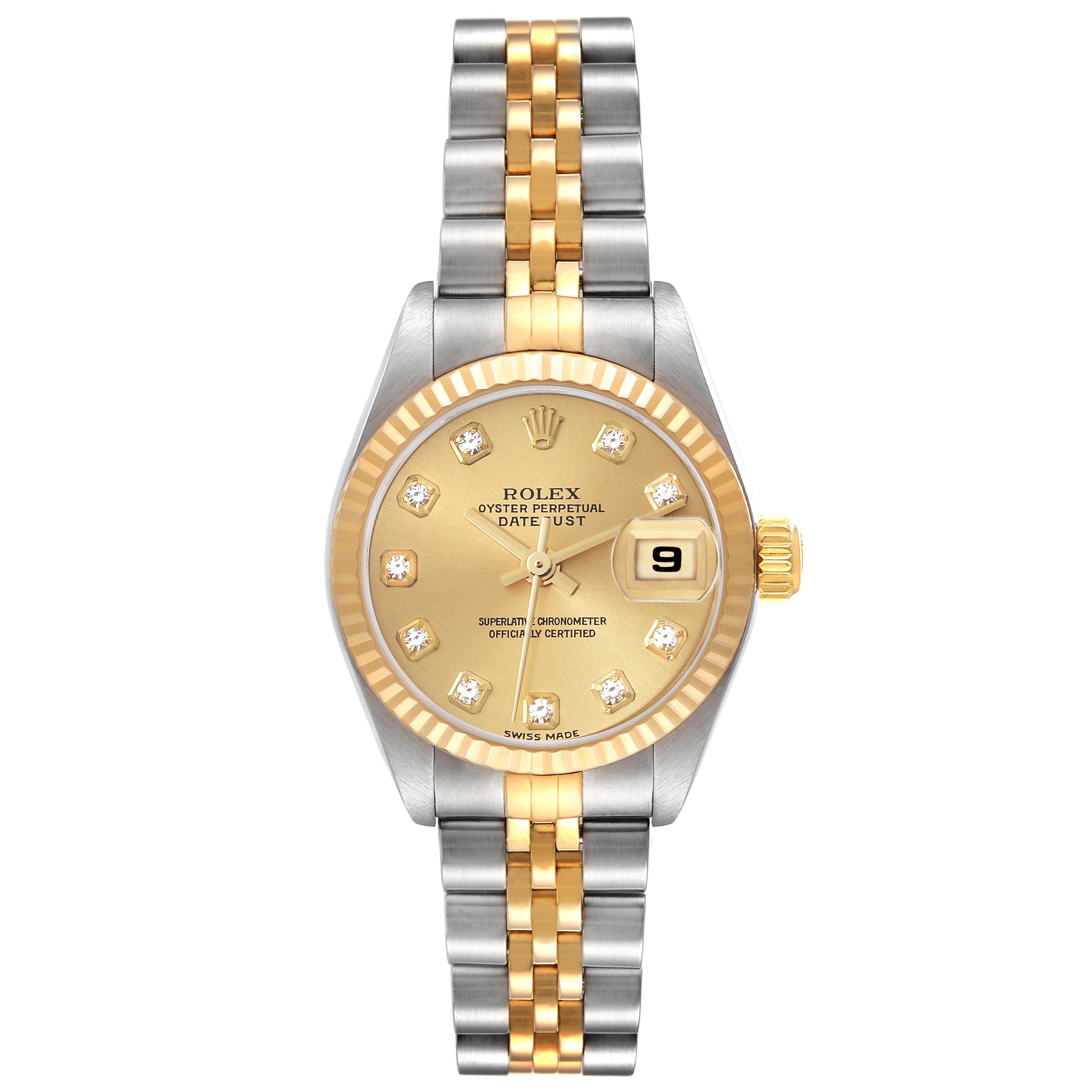 The image shows a front view of a Rolex Datejust 79173 Women's Steel and Gold (two tone) Champagne Dial 79173 Women's Steel and Gold (two tone) Champagne Dial watch with a gold and silver bracelet, gold dial, and diamond hour markers.