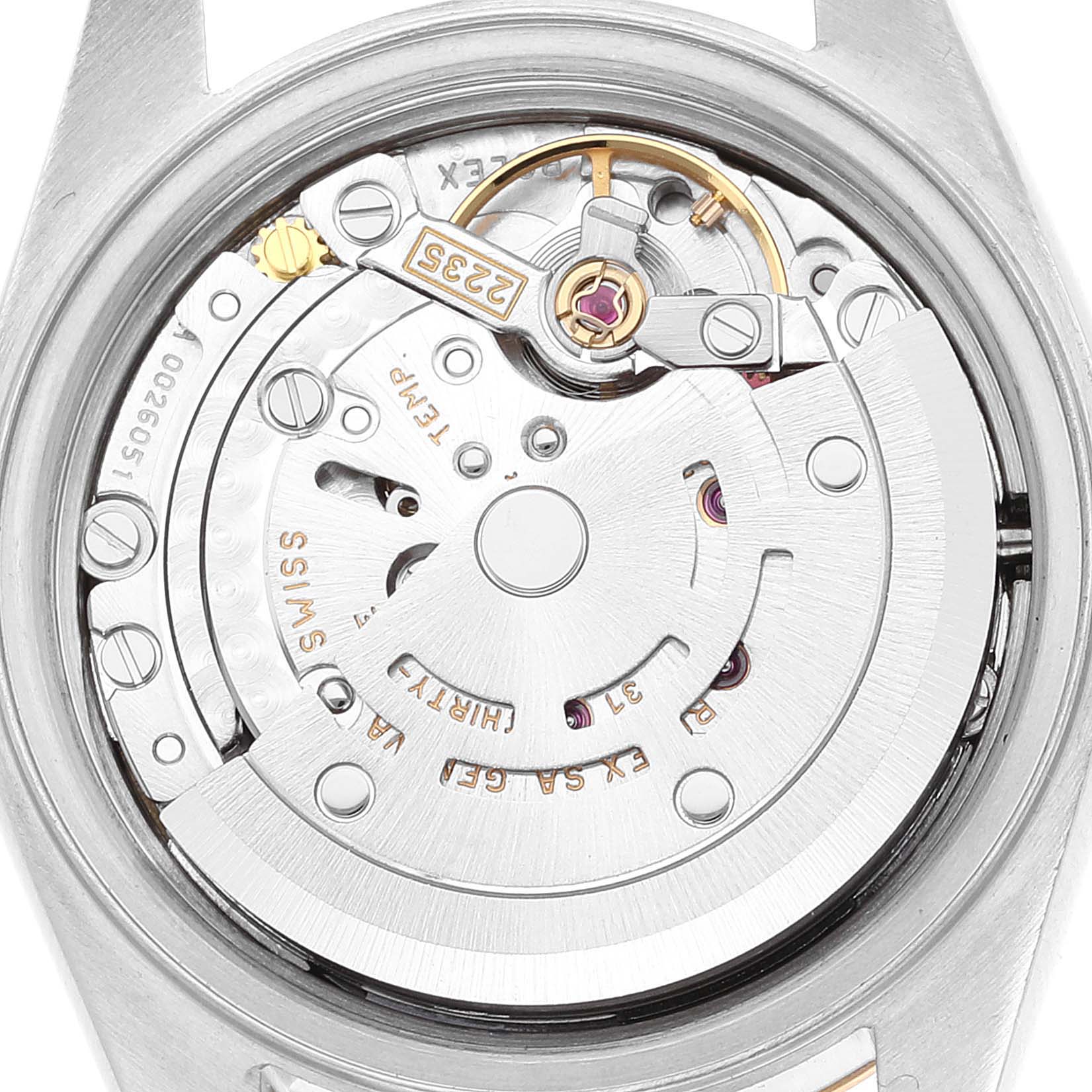 This image shows the movement mechanism of a Rolex Datejust 79173 Women's Steel and Gold (two tone) Champagne Dial 79173 Women's Steel and Gold (two tone) Champagne Dial watch viewed from the back without the case back.