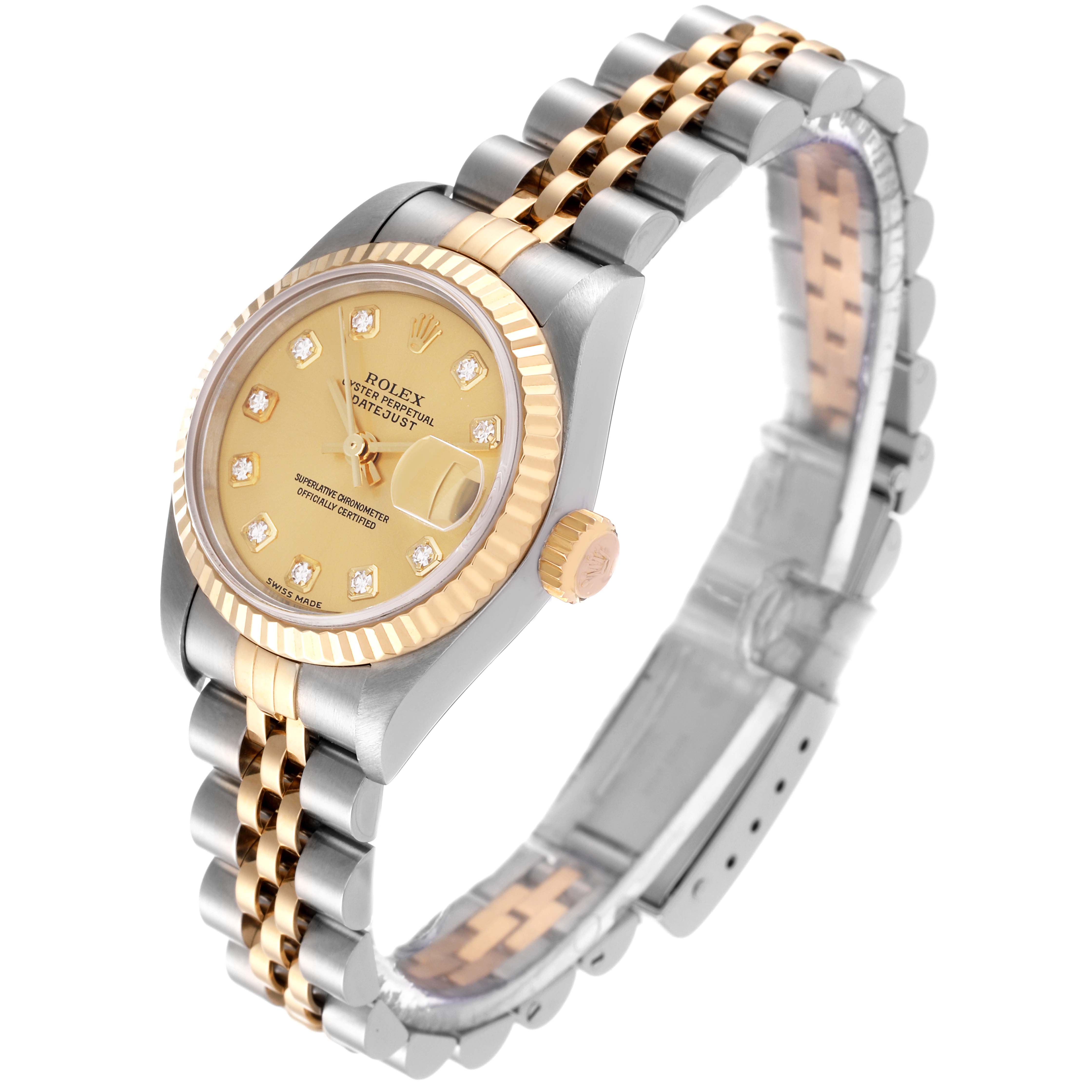 The image shows a side view angle of the Rolex Datejust 79173 Women's Steel and Gold (two tone) Champagne Dial 79173 Women's Steel and Gold (two tone) Champagne Dial watch, highlighting its dial, bezel, crown, and two-tone bracelet.