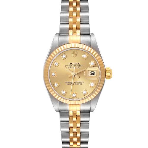 The image shows a Rolex Datejust watch from a front angle, highlighting its gold dial, fluted bezel, and two-tone bracelet.