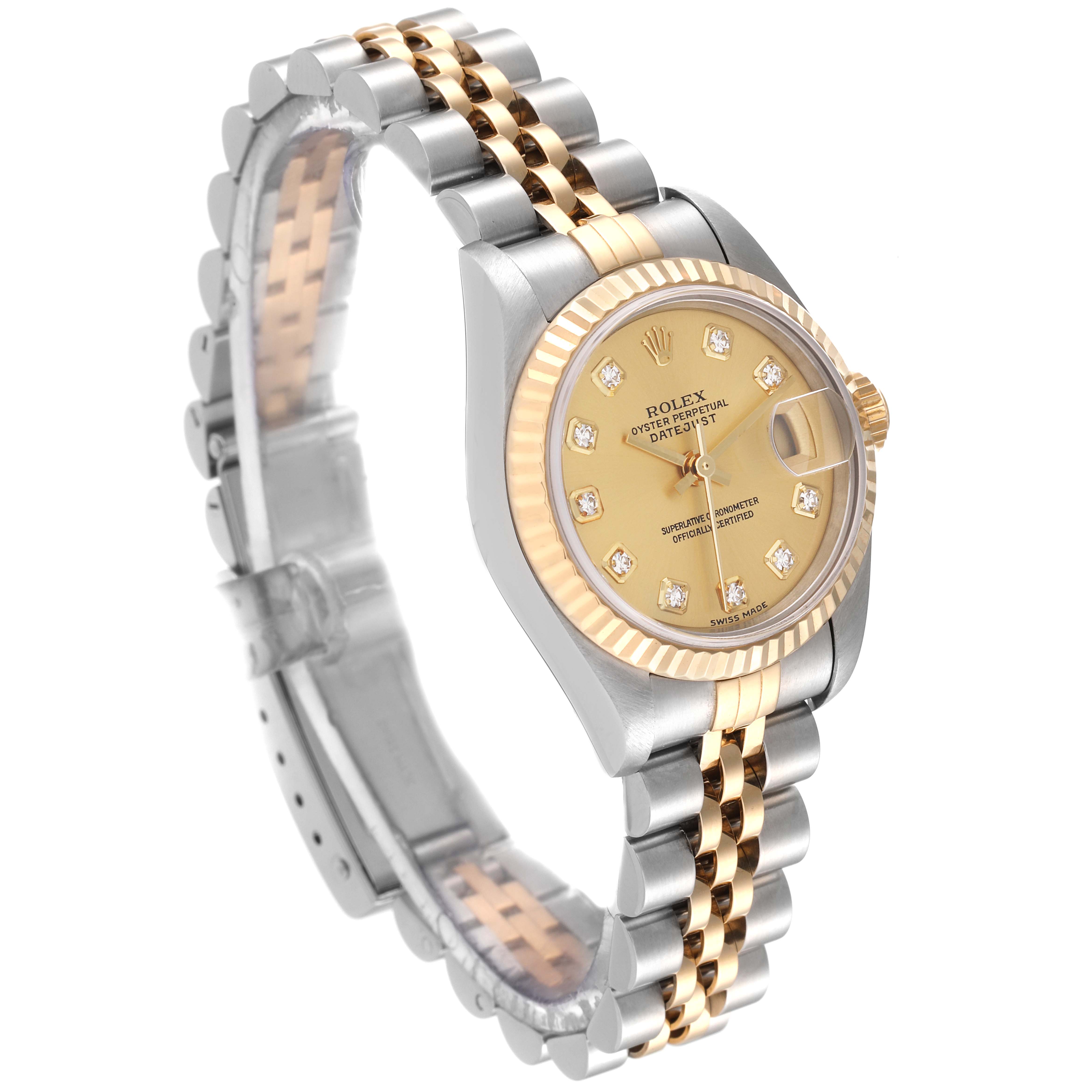 This image shows a Rolex Datejust 79173 Women's Steel and Gold (two tone) Champagne Dial 79173 Women's Steel and Gold (two tone) Champagne Dial watch at a slight angle, highlighting its two-tone bracelet, fluted bezel, and champagne dial with diamond markers.