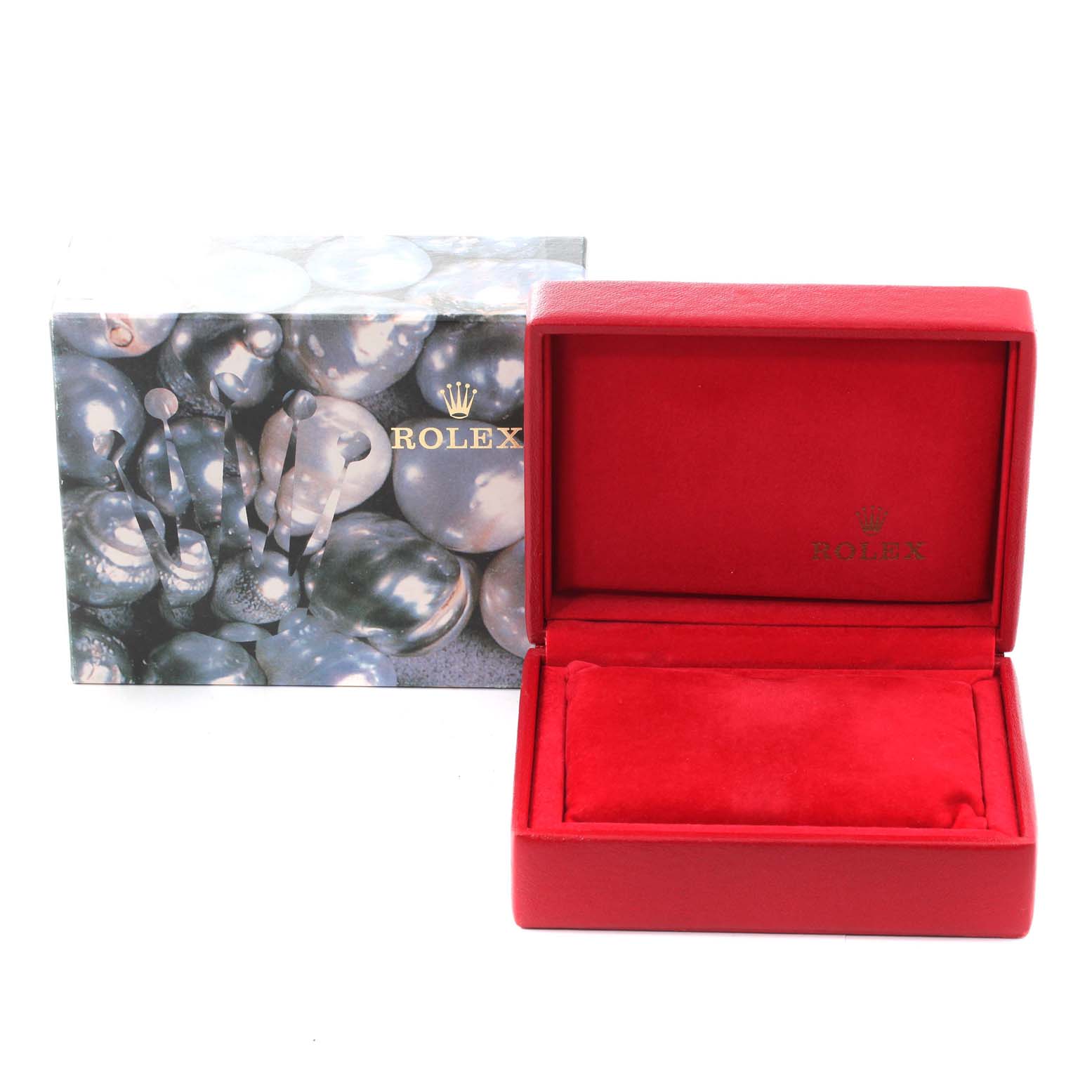 The image shows a Rolex Datejust 79173 Women's Steel and Gold (two tone) Champagne Dial 79173 Women's Steel and Gold (two tone) Champagne Dial watch box and the outer packaging from a front angle.