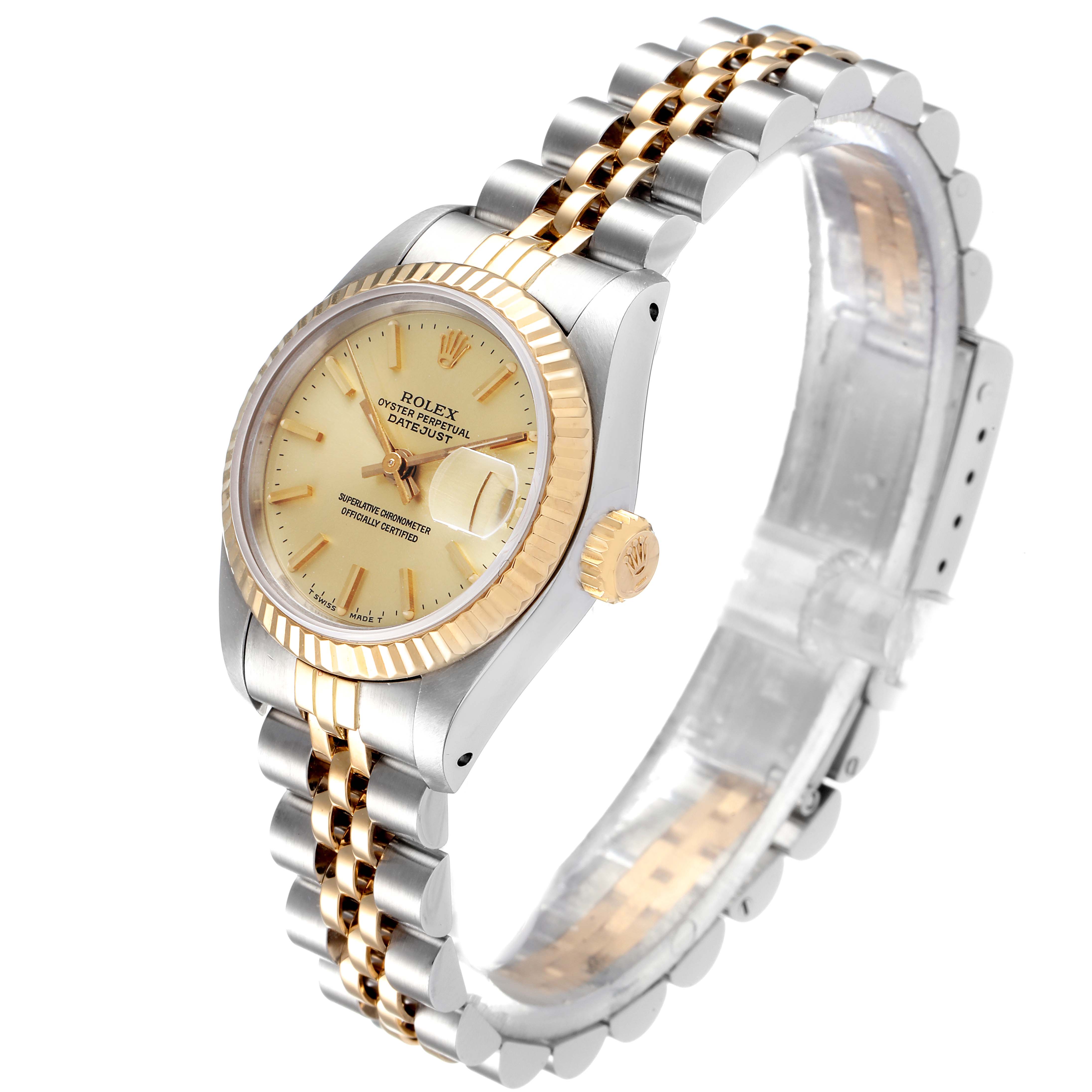 The image shows a Rolex Datejust 69173 Women's Steel and Gold (two tone) Champagne Dial 69173 Women's Steel and Gold (two tone) Champagne Dial watch at a slight top-front angle, highlighting the two-tone bracelet and fluted bezel.