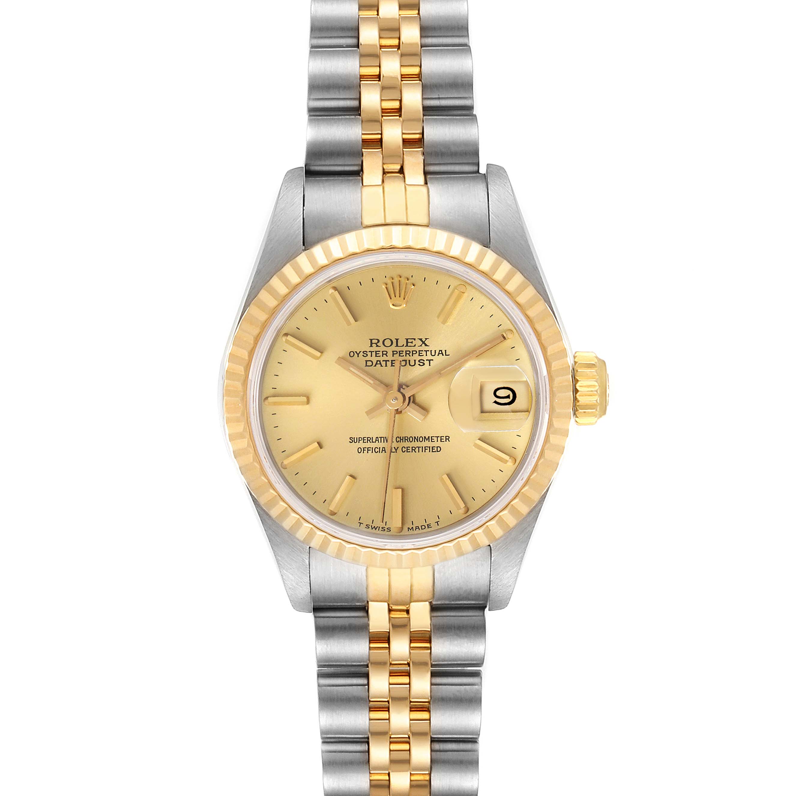 This image shows a frontal view of the Rolex Datejust 69173 Women's Steel and Gold (two tone) Champagne Dial 69173 Women's Steel and Gold (two tone) Champagne Dial watch, highlighting its dial, bezel, crown, and two-tone bracelet.