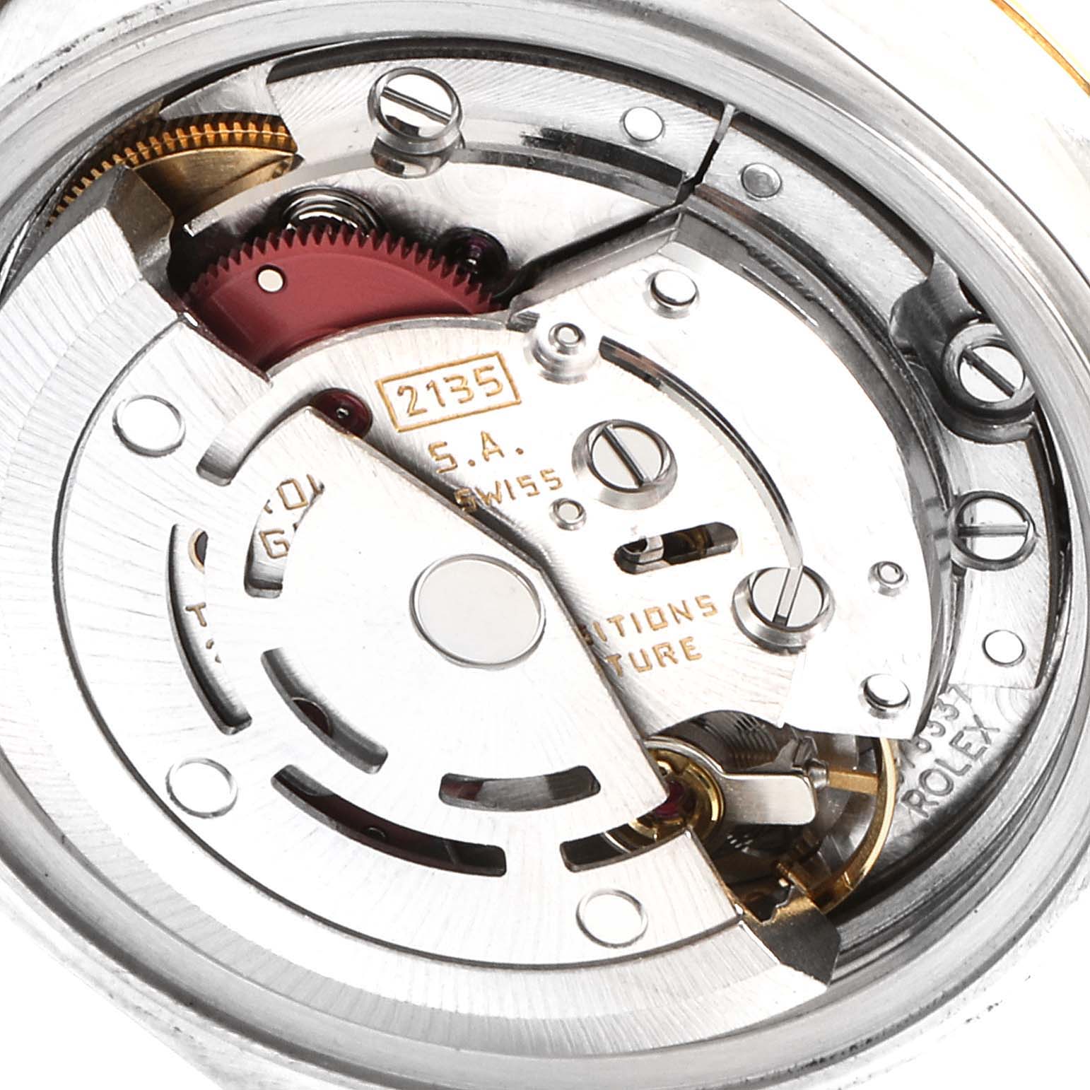 This image shows a close-up view of the movement mechanism of a Rolex Datejust 69173 Women's Steel and Gold (two tone) Champagne Dial 69173 Women's Steel and Gold (two tone) Champagne Dial watch.