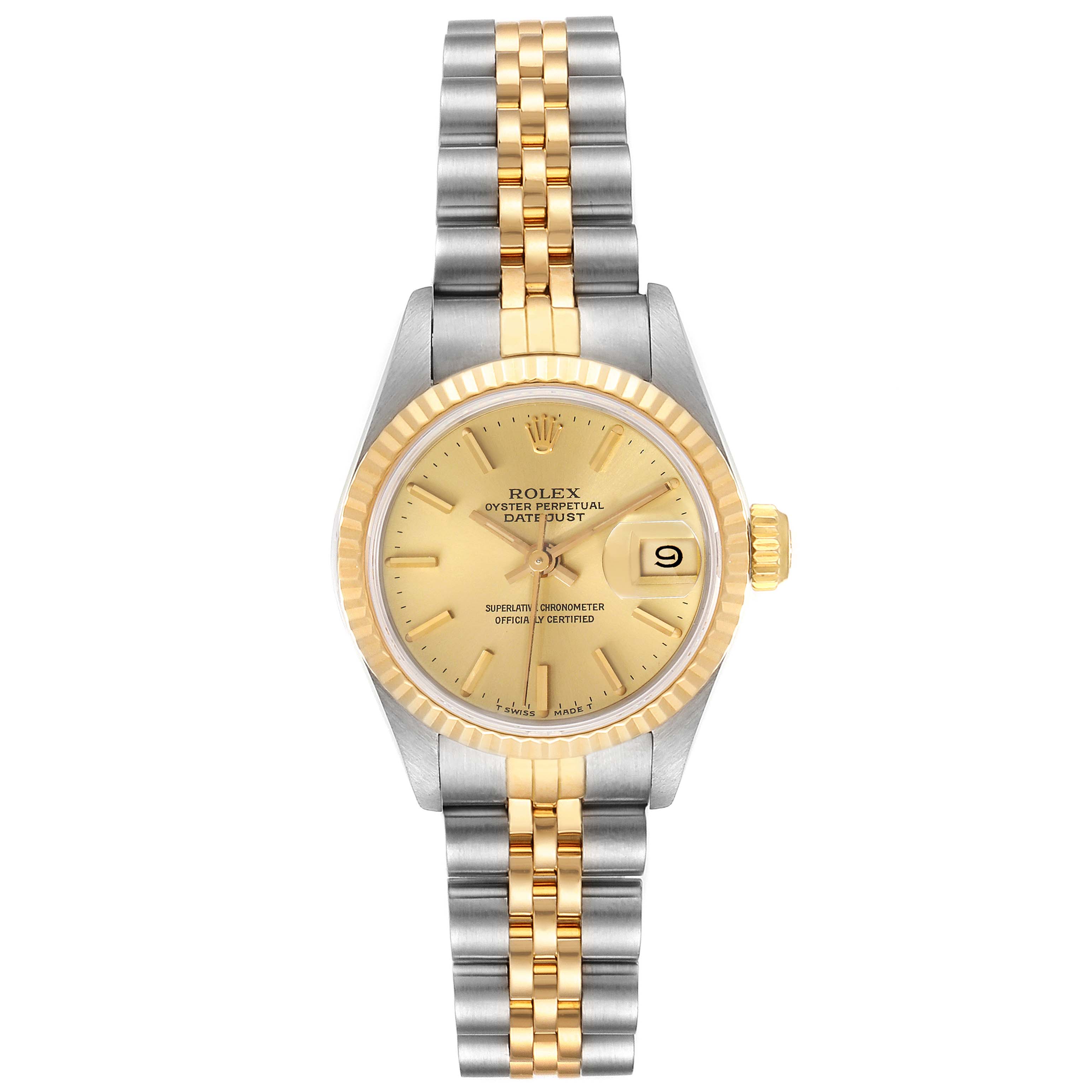 The image shows a front view of a Rolex Datejust 69173 Women's Steel and Gold (two tone) Champagne Dial 69173 Women's Steel and Gold (two tone) Champagne Dial watch, highlighting its gold and silver bracelet, face, and date display.