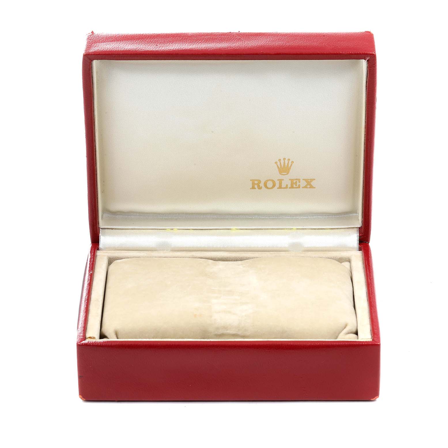 This image shows an open display box for a Rolex Datejust 69173 Women's Steel and Gold (two tone) Champagne Dial 69173 Women's Steel and Gold (two tone) Champagne Dial watch, featuring a red exterior and an interior with the Rolex logo.