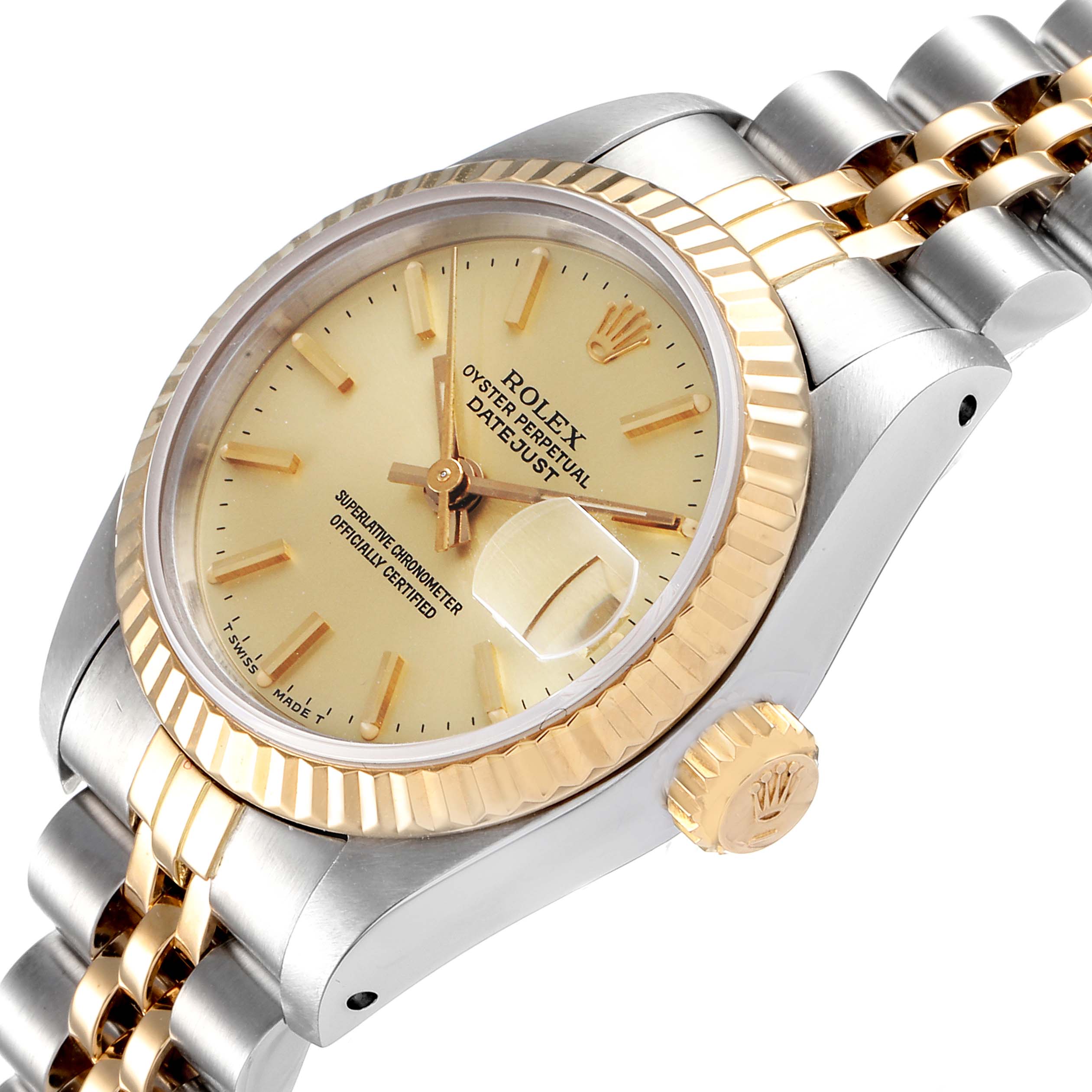 This image of the Rolex Datejust 69173 Women's Steel and Gold (two tone) Champagne Dial 69173 Women's Steel and Gold (two tone) Champagne Dial watch shows a close-up of the dial, bezel, crown, and part of the bracelet at an angle.