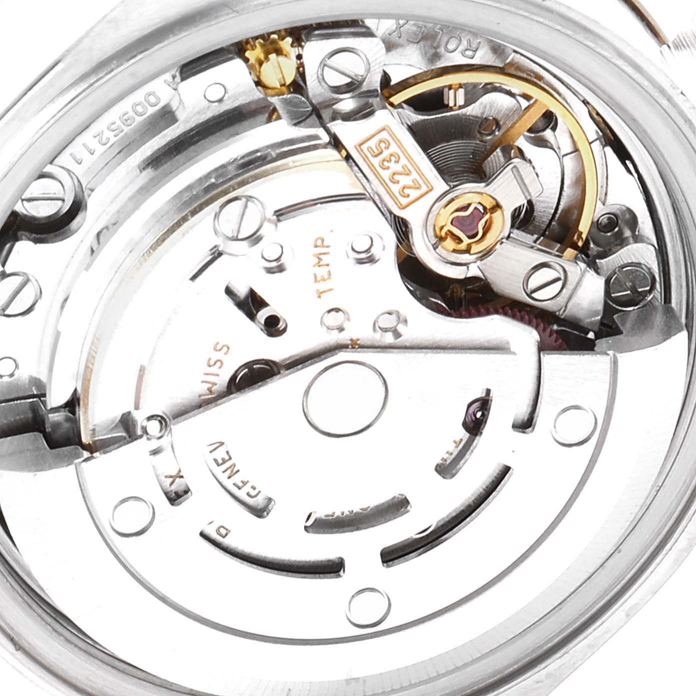 The image shows the intricate inner mechanical movement of a Rolex Datejust 79173 Women's Steel and Gold (two tone) Champagne Dial 79173 Women's Steel and Gold (two tone) Champagne Dial watch at a close-up angle.