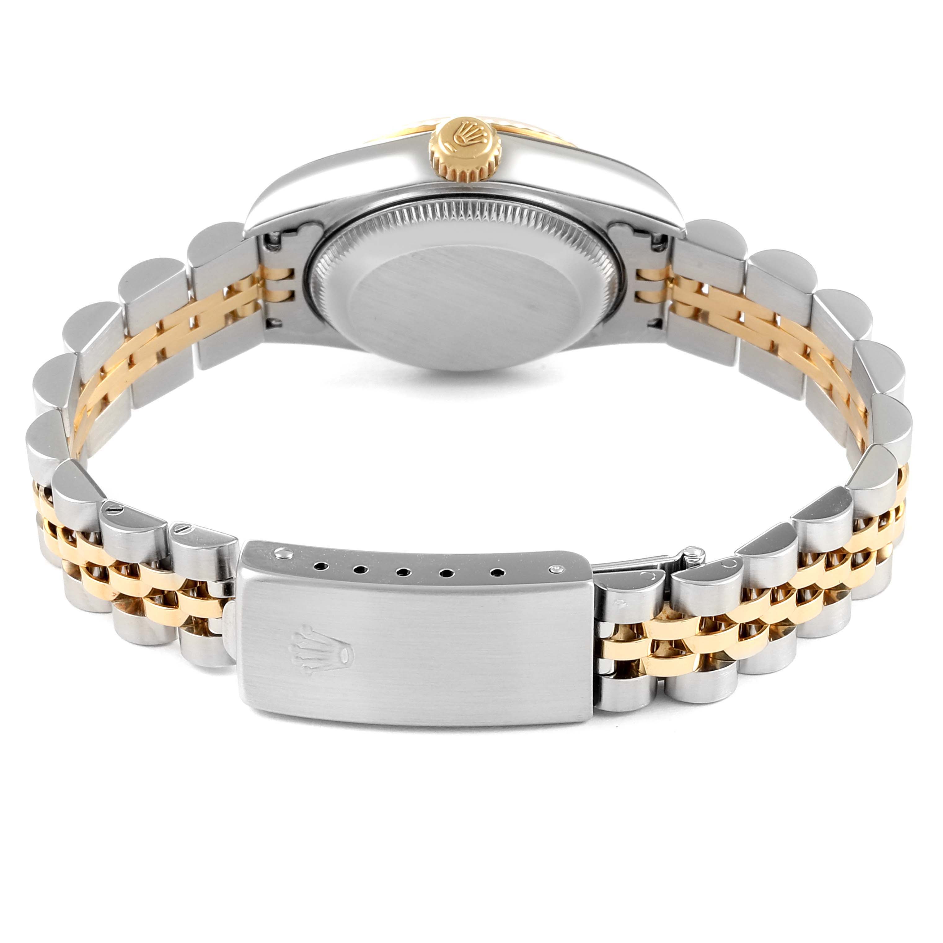 This image shows the back view of a Rolex Datejust 79173 Women's Steel and Gold (two tone) Champagne Dial 79173 Women's Steel and Gold (two tone) Champagne Dial watch, displaying the bracelet, clasp, and case back.