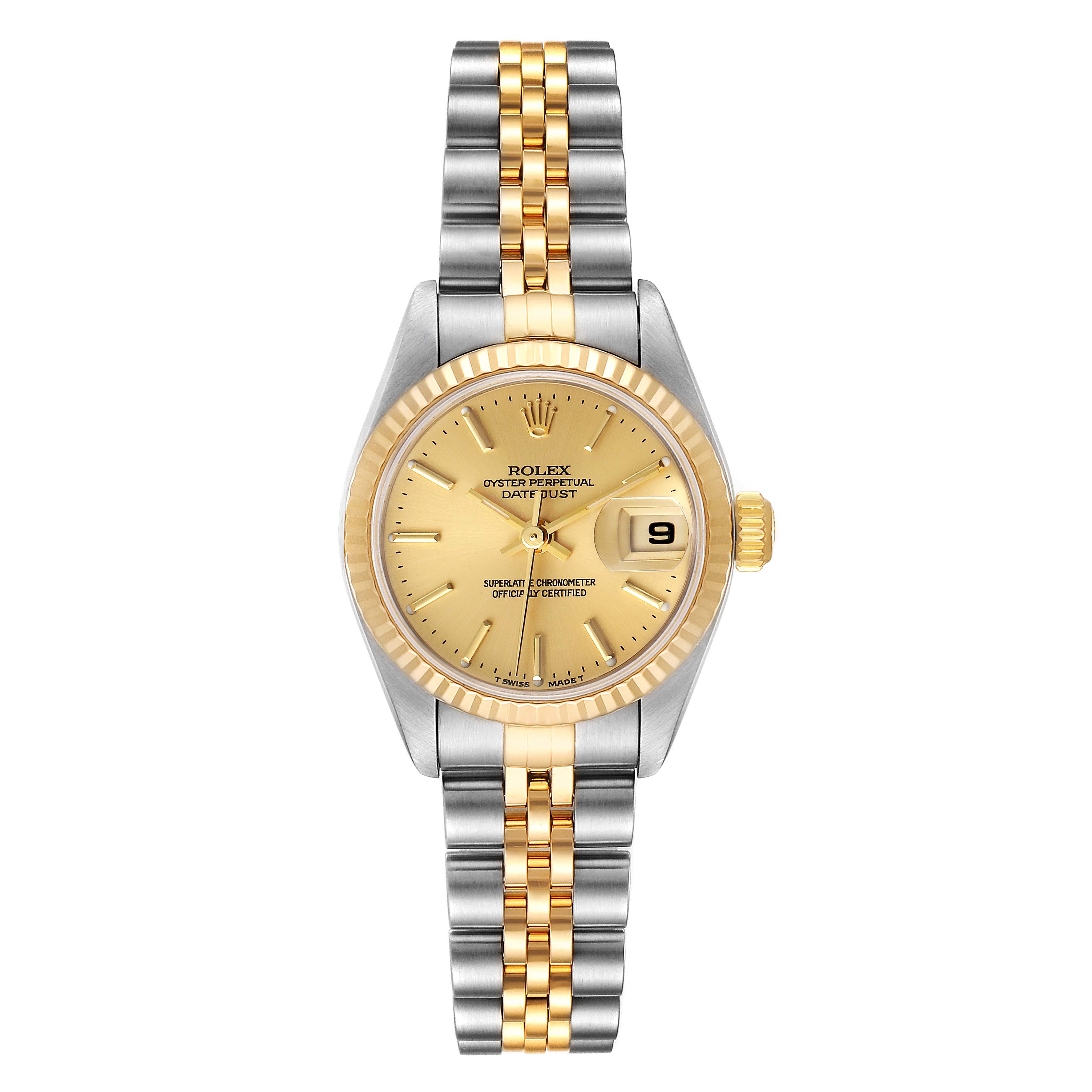 The image shows a Rolex Datejust 79173 Women's Steel and Gold (two tone) Champagne Dial 79173 Women's Steel and Gold (two tone) Champagne Dial watch with a gold dial, date display, and two-tone metal bracelet taken from a top-down perspective.