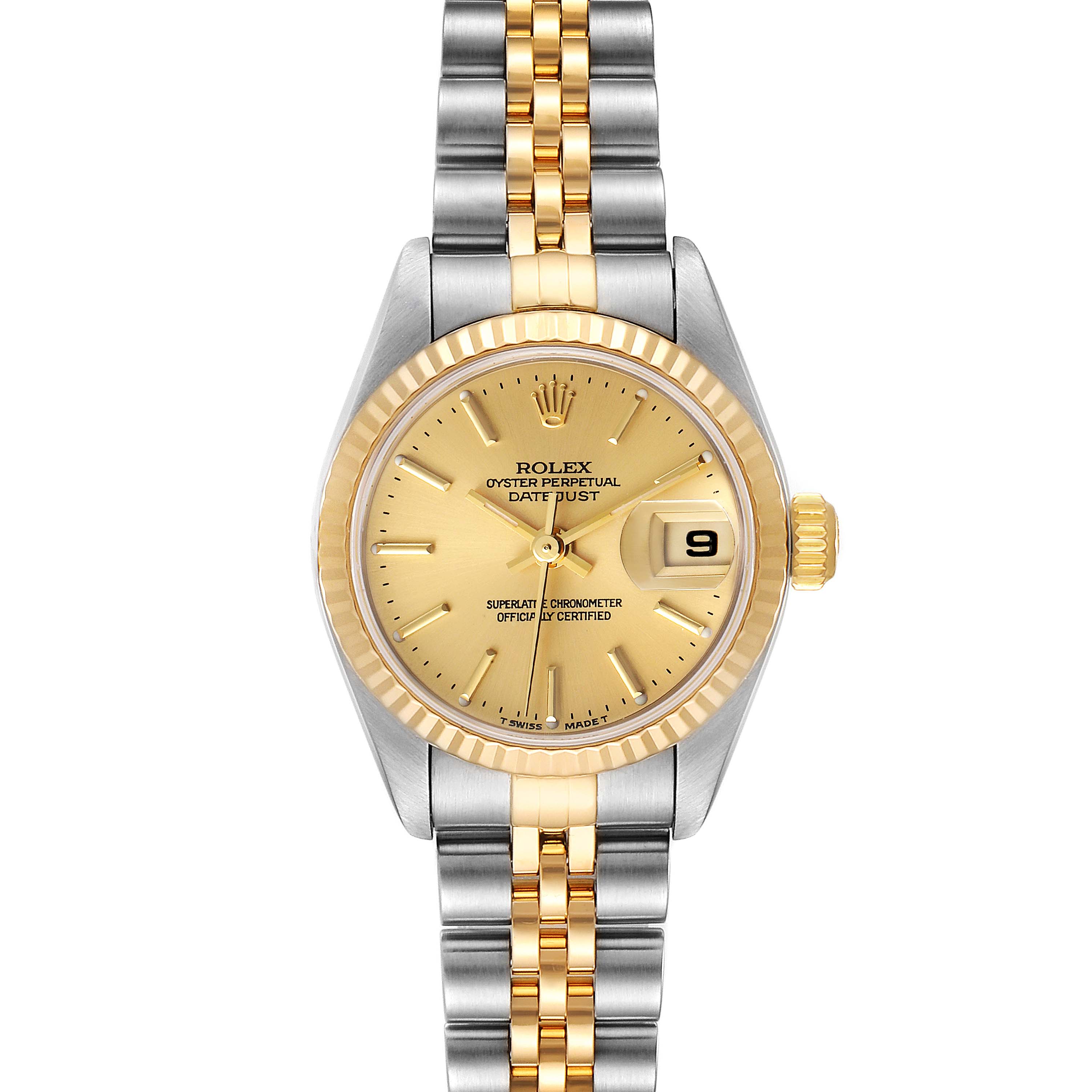 The Rolex Datejust 79173 Women's Steel and Gold (two tone) Champagne Dial 79173 Women's Steel and Gold (two tone) Champagne Dial watch is shown from the front, displaying the gold dial, date window, and two-tone bracelet.