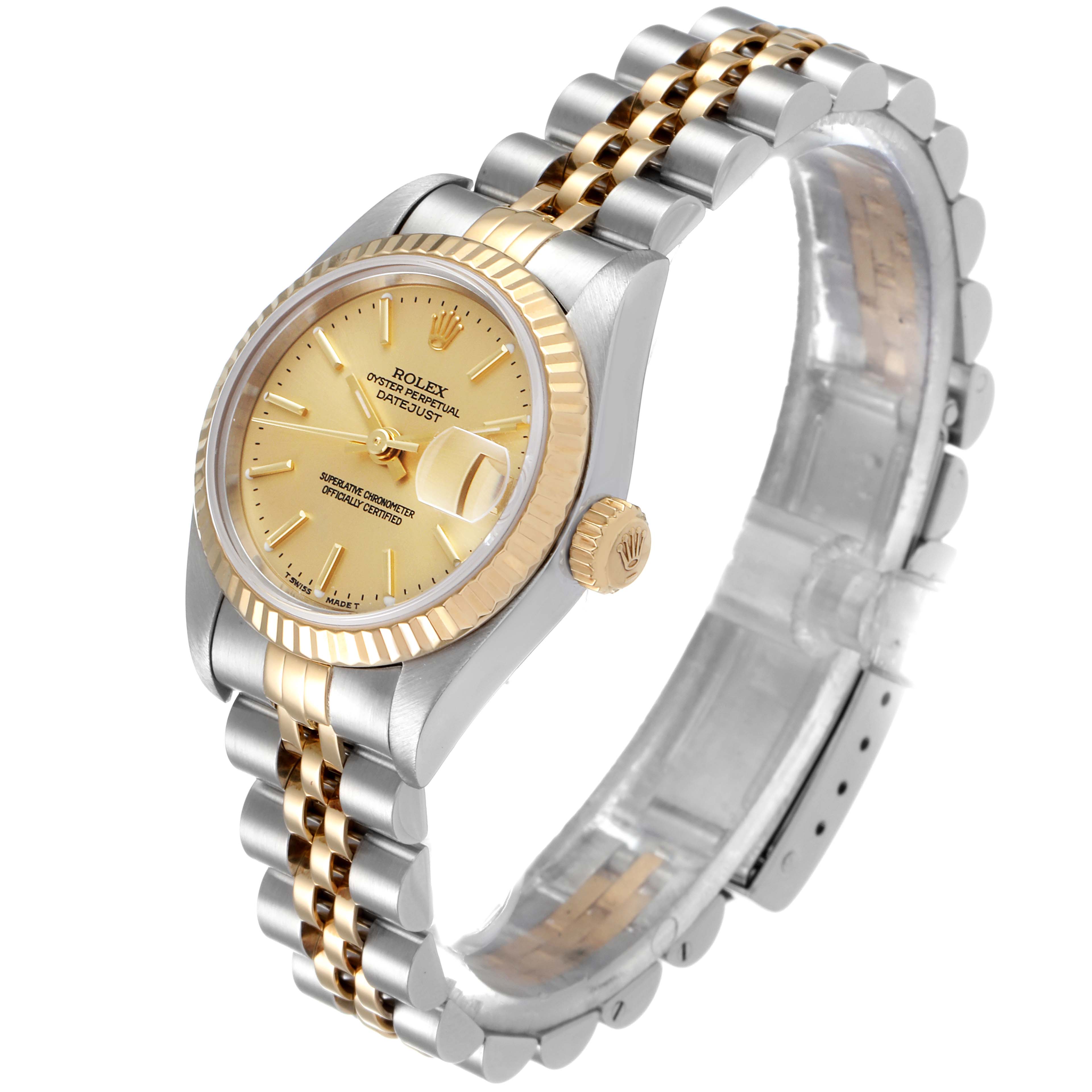 This image shows a Rolex Datejust 79173 Women's Steel and Gold (two tone) Champagne Dial 79173 Women's Steel and Gold (two tone) Champagne Dial watch from a three-quarter angle, highlighting the dial, bezel, crown, and bracelet.