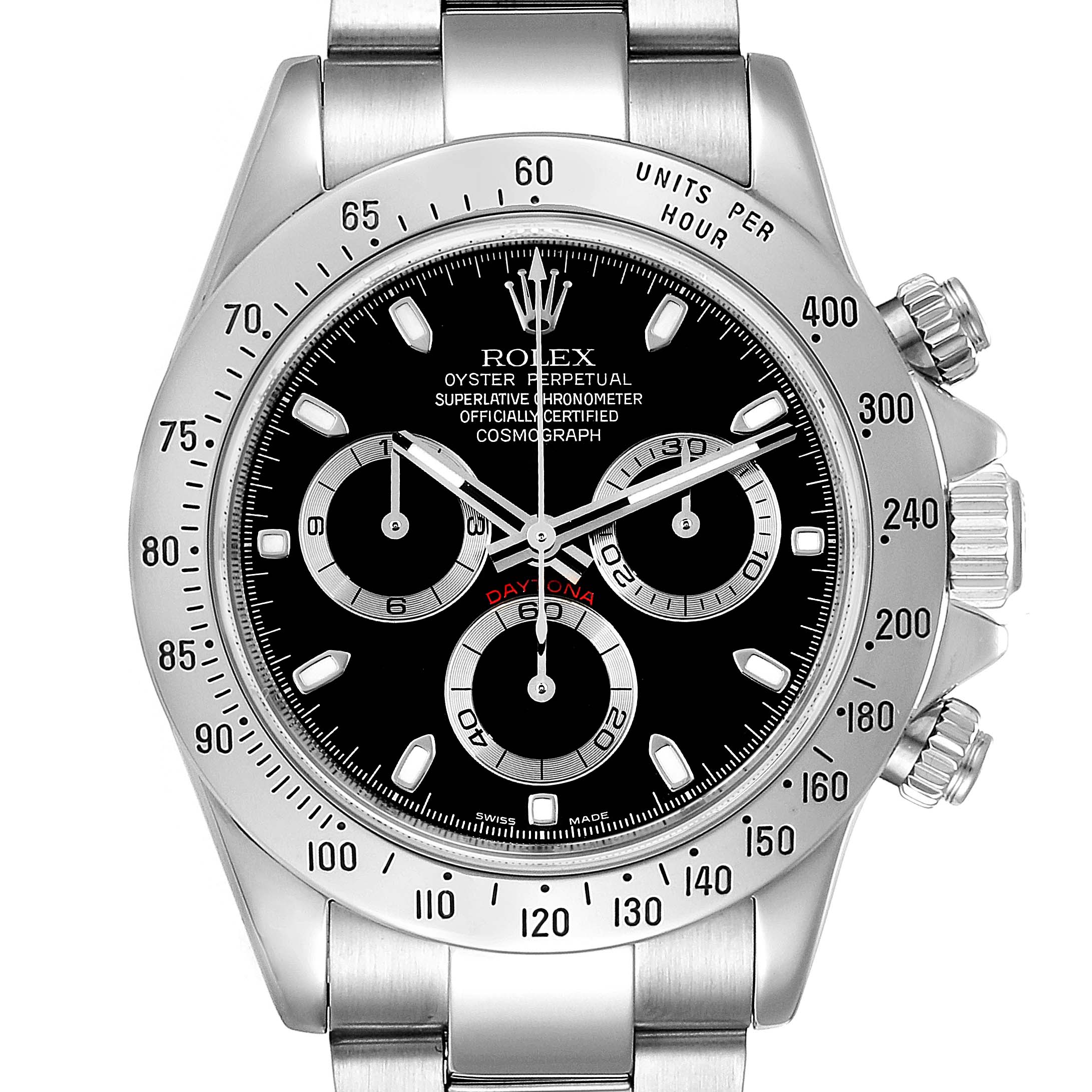 This image shows a Rolex Daytona 116520 Men's Stainless Steel Black Dial 116520 Men's Stainless Steel Black Dial watch from a front angle, displaying its bezel, dial, subdials, crown, and bracelet.