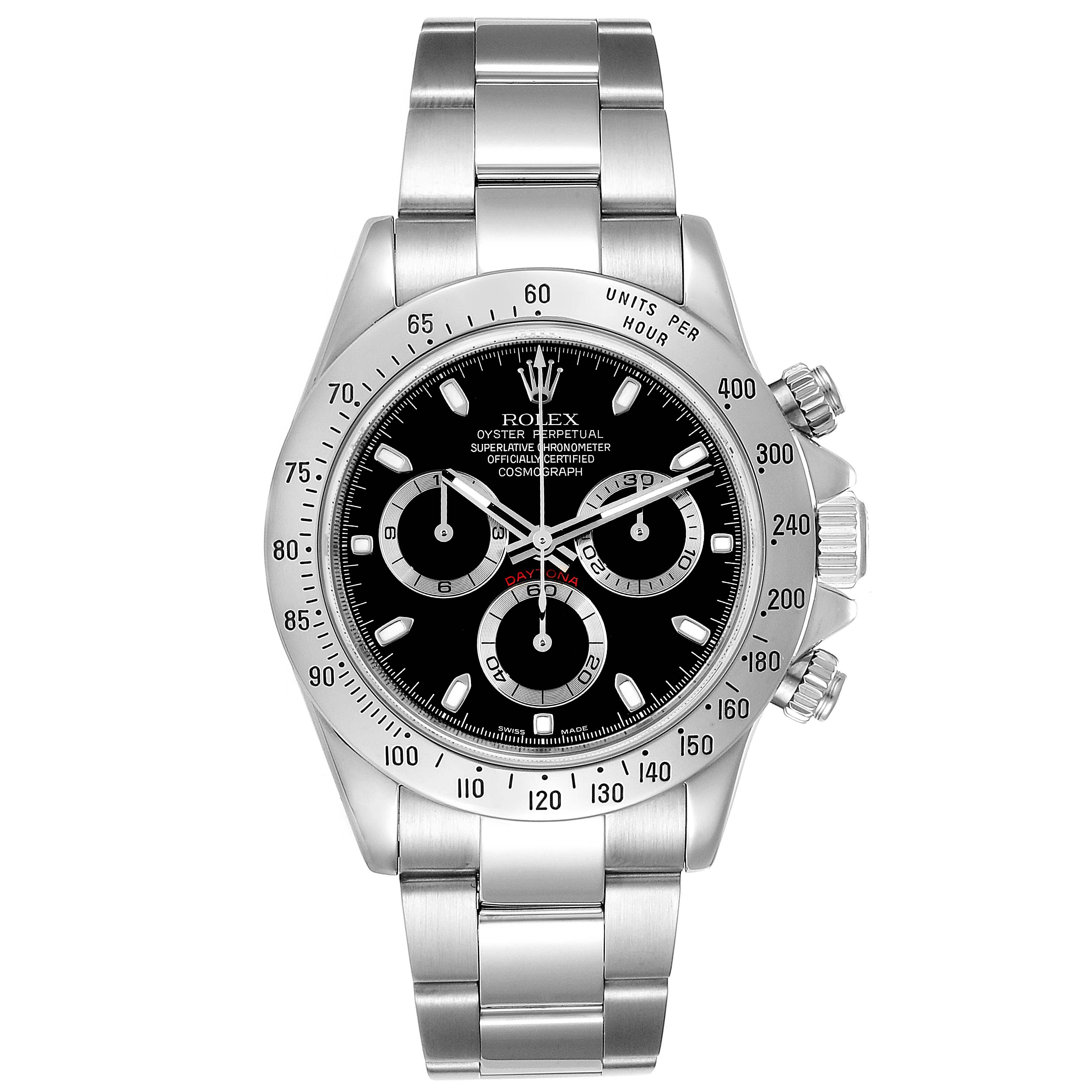 This image shows a front view of a Rolex Daytona 116520 Men's Stainless Steel Black Dial 116520 Men's Stainless Steel Black Dial watch, highlighting its stainless steel bracelet, black dial, and chronograph subdials.