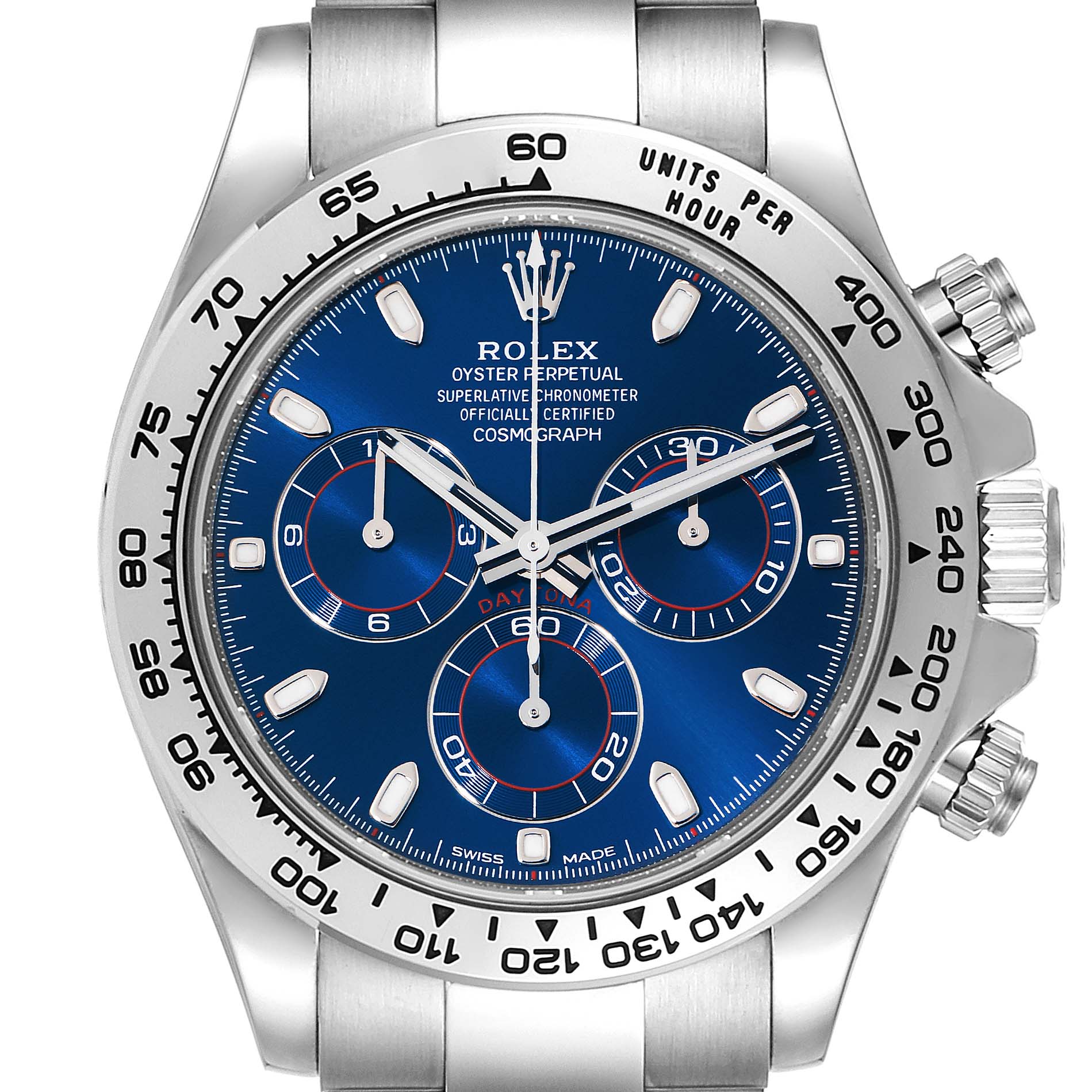The image shows a front view of the Rolex Daytona 116509 Men's White Gold Blue Dial 116509 Men's White Gold Blue Dial watch, featuring a blue dial, chronograph subdials, and stainless steel case and bracelet.
