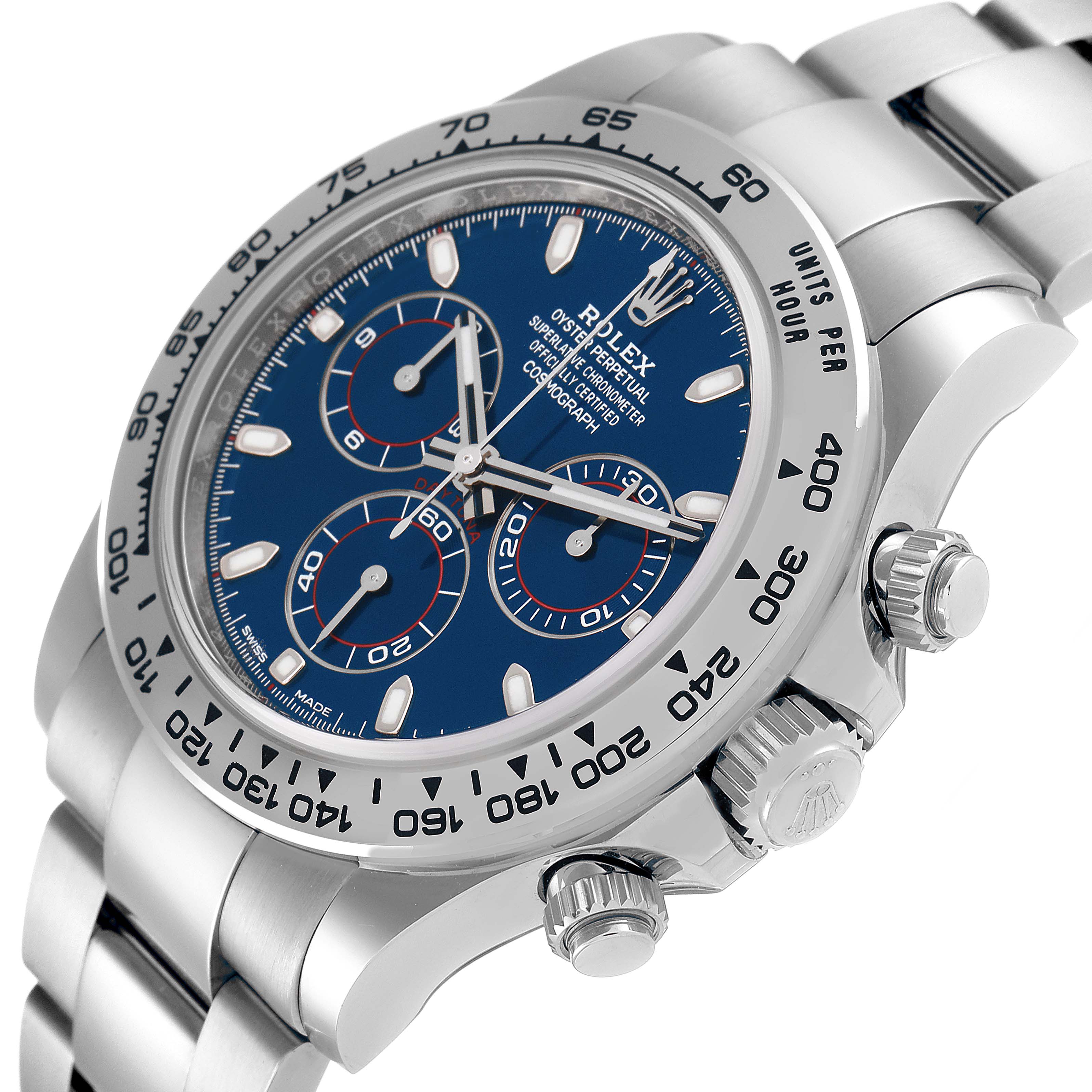 The Rolex Daytona 116509 Men's White Gold Blue Dial 116509 Men's White Gold Blue Dial watch is shown at an angle highlighting the face, bezel, crown, and pushers.