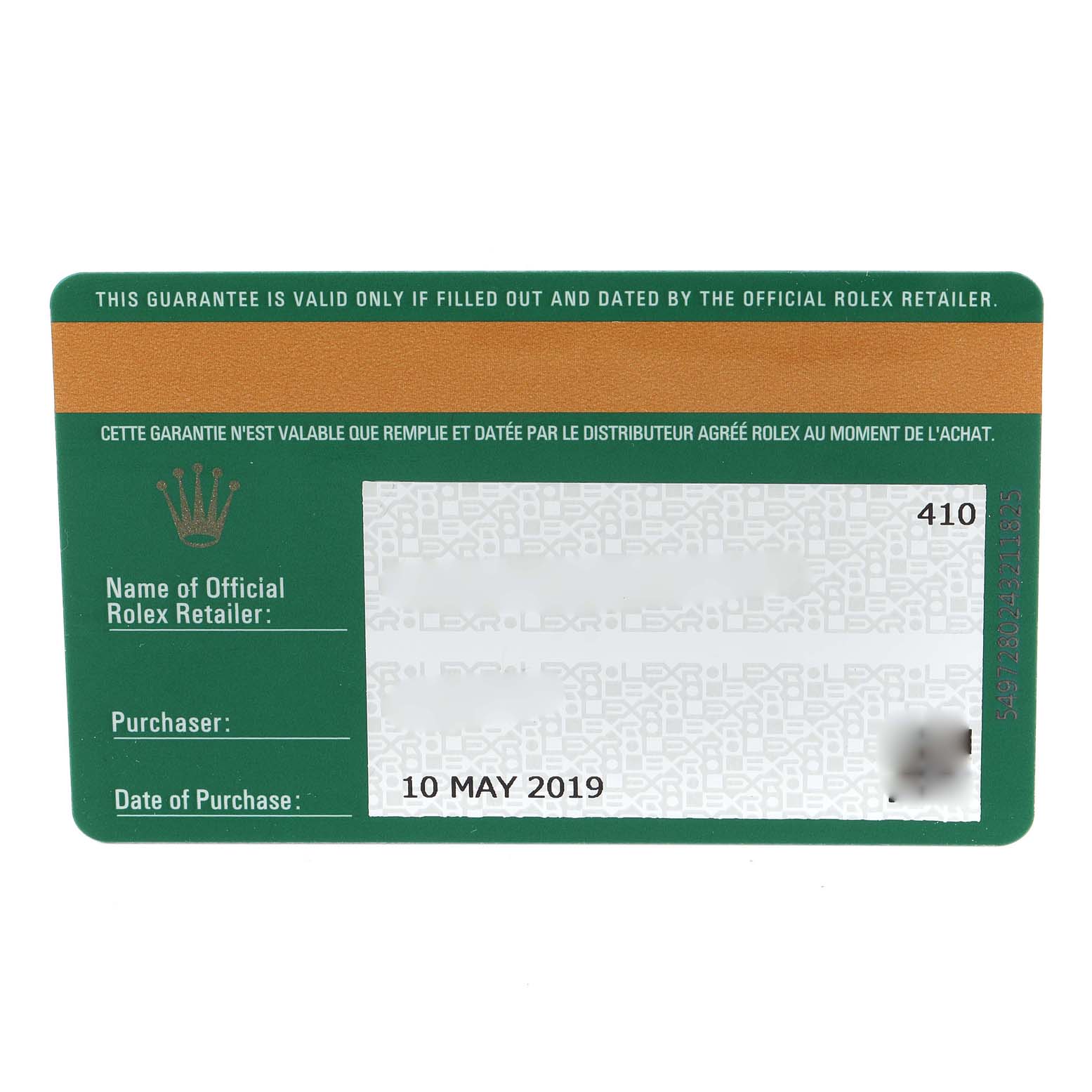 This image shows the guarantee card for a Rolex Daytona 116509 Men's White Gold Blue Dial 116509 Men's White Gold Blue Dial watch.