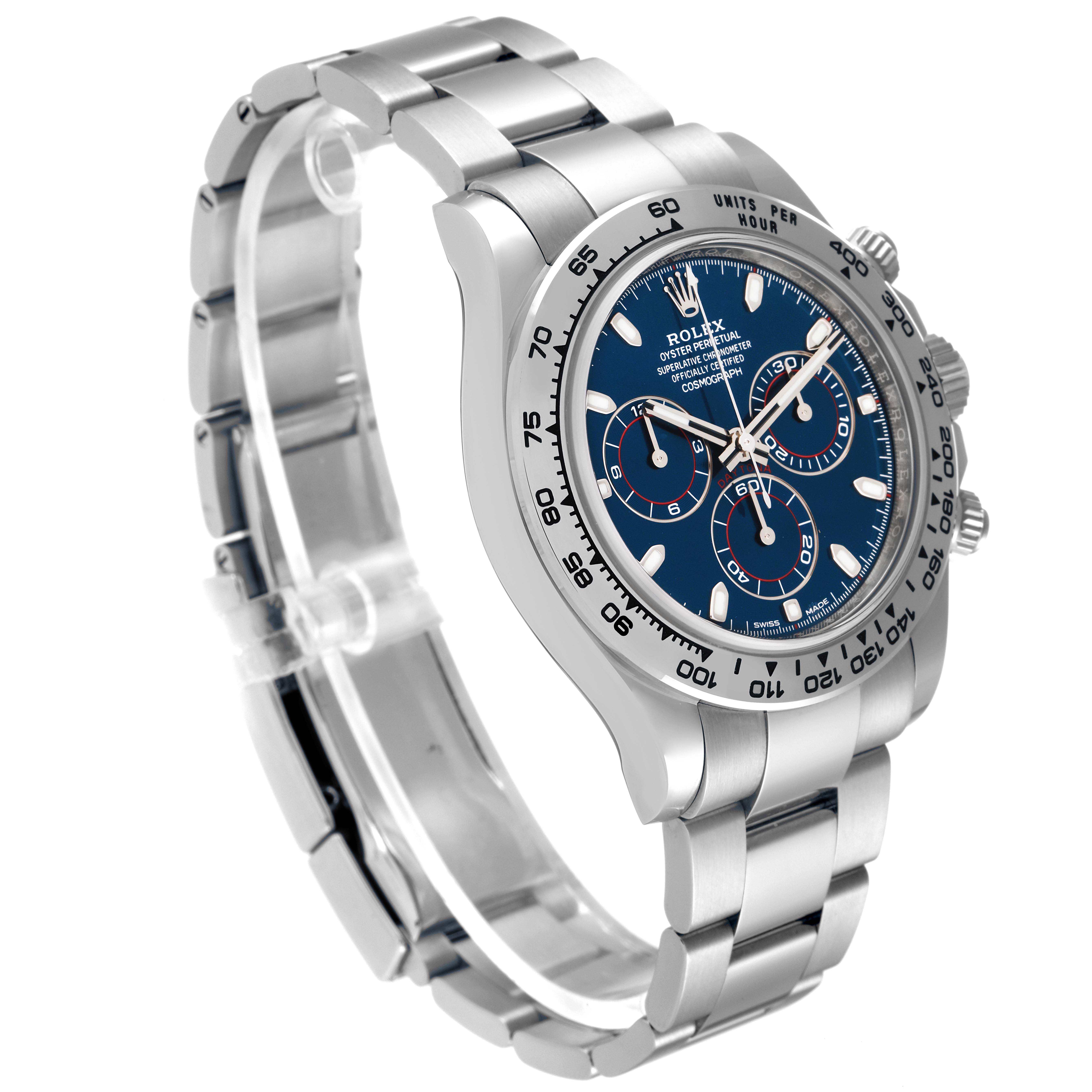 This image shows a side angle view of the Rolex Daytona 116509 Men's White Gold Blue Dial 116509 Men's White Gold Blue Dial watch, highlighting the band, bezel, case, and dial with its subdials.