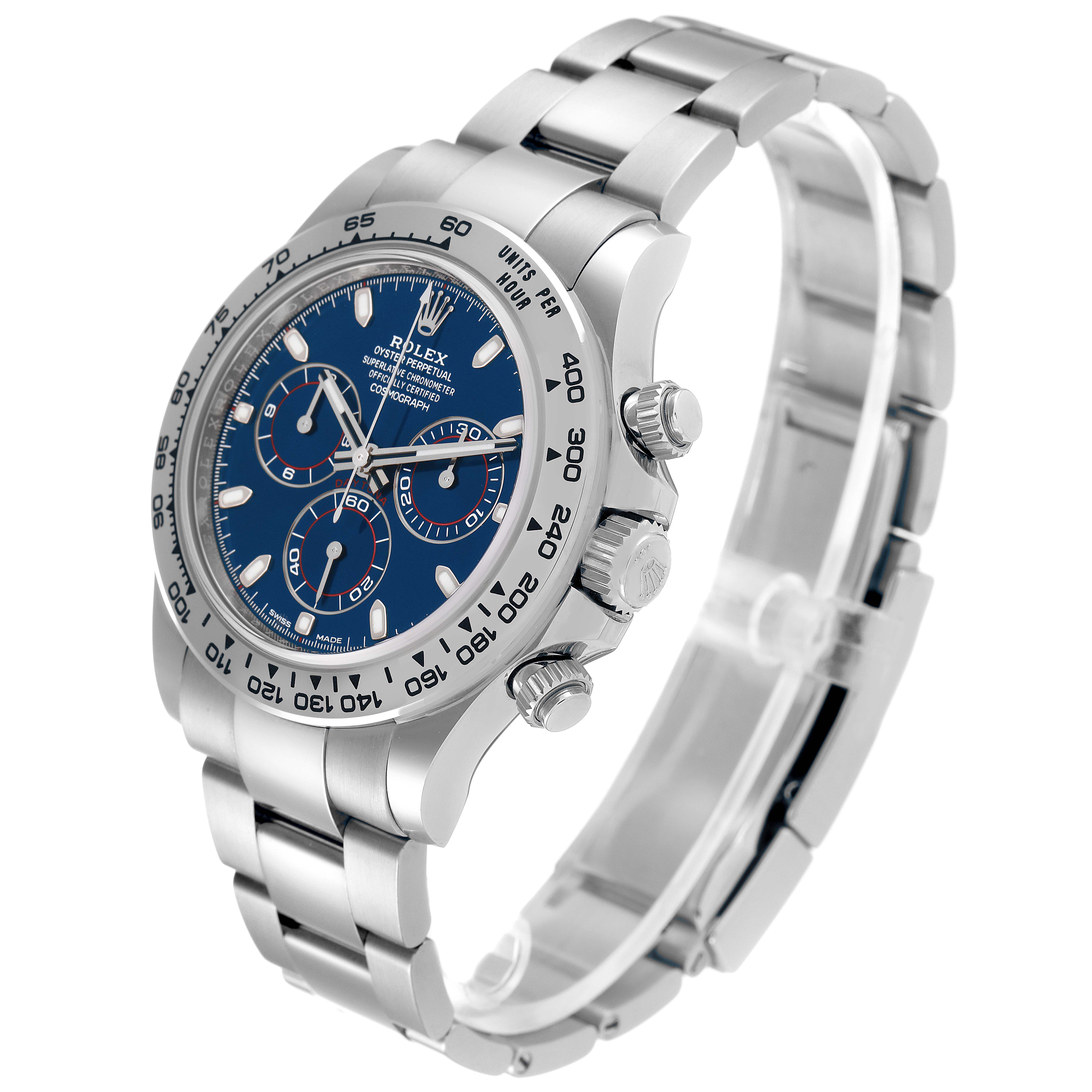The image shows a side angle of the Rolex Daytona 116509 Men's White Gold Blue Dial 116509 Men's White Gold Blue Dial watch, highlighting its blue dial, bezel, and bracelet.