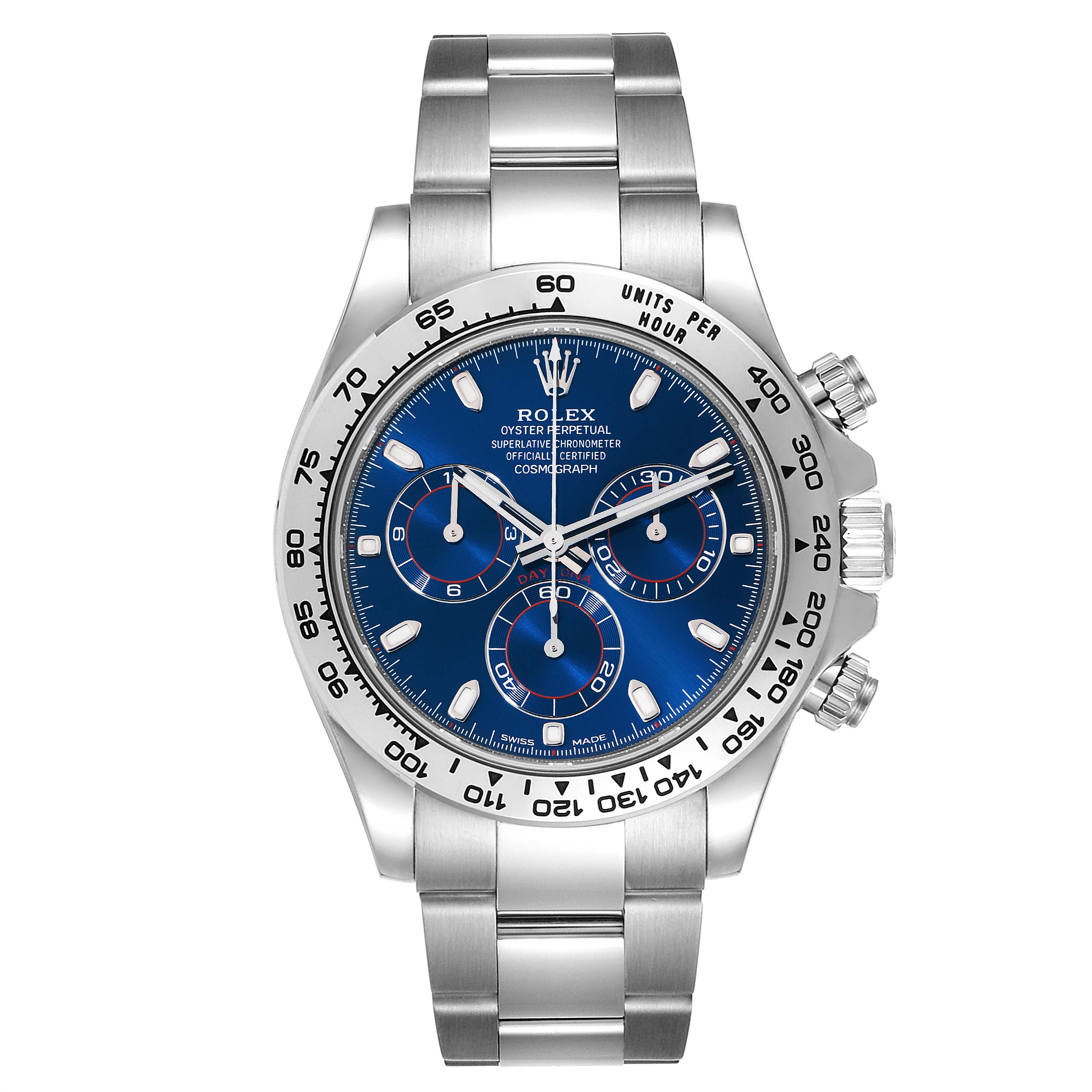 The image shows a frontal view of a Rolex Daytona 116509 Men's White Gold Blue Dial 116509 Men's White Gold Blue Dial watch, highlighting the dial, bezel, and bracelet.