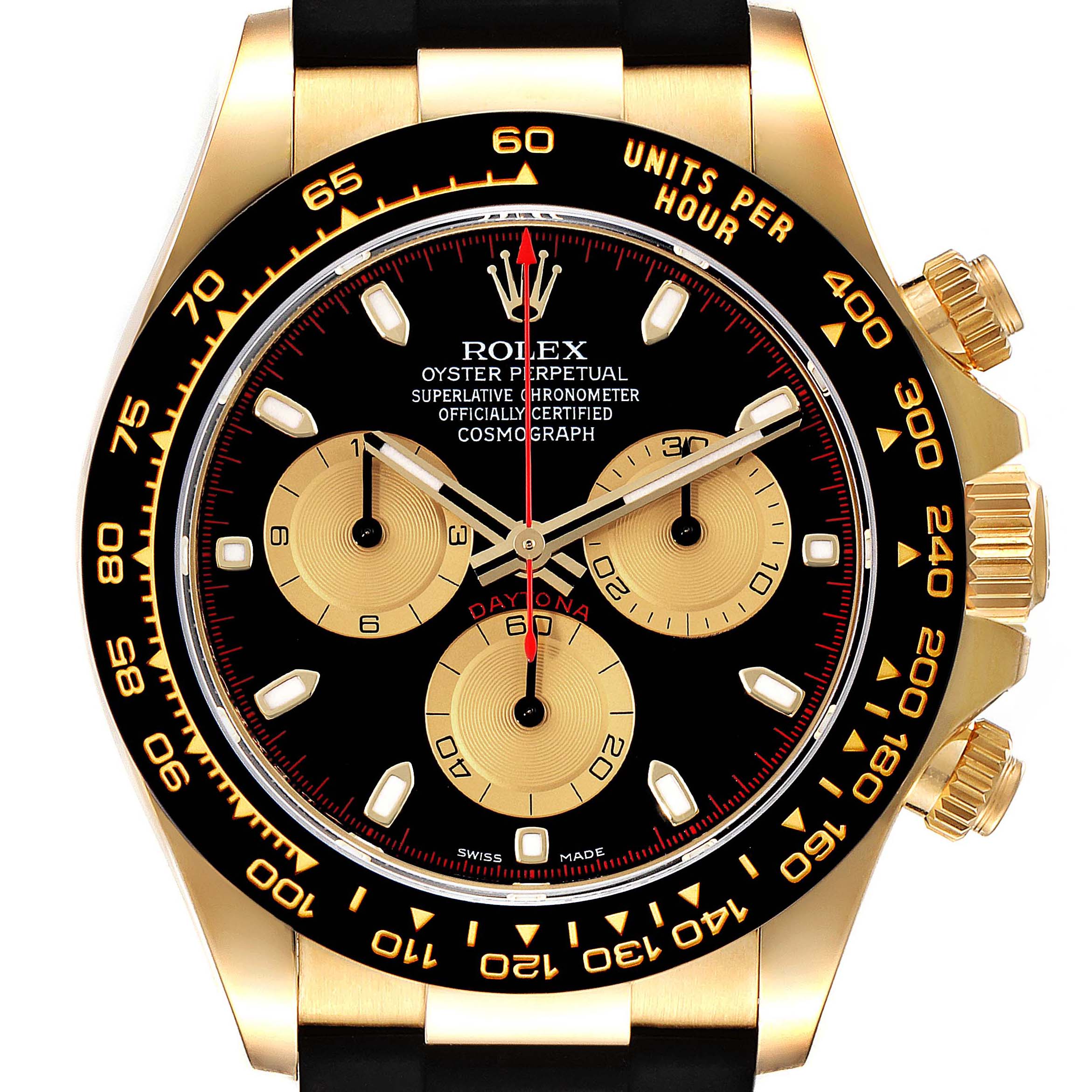 The image shows a close-up front view of the Rolex Daytona 116518 Men
s Yellow Gold Black Dial 116518 Men
s Yellow Gold Black Dial watch, highlighting its dial, bezel, and crown.