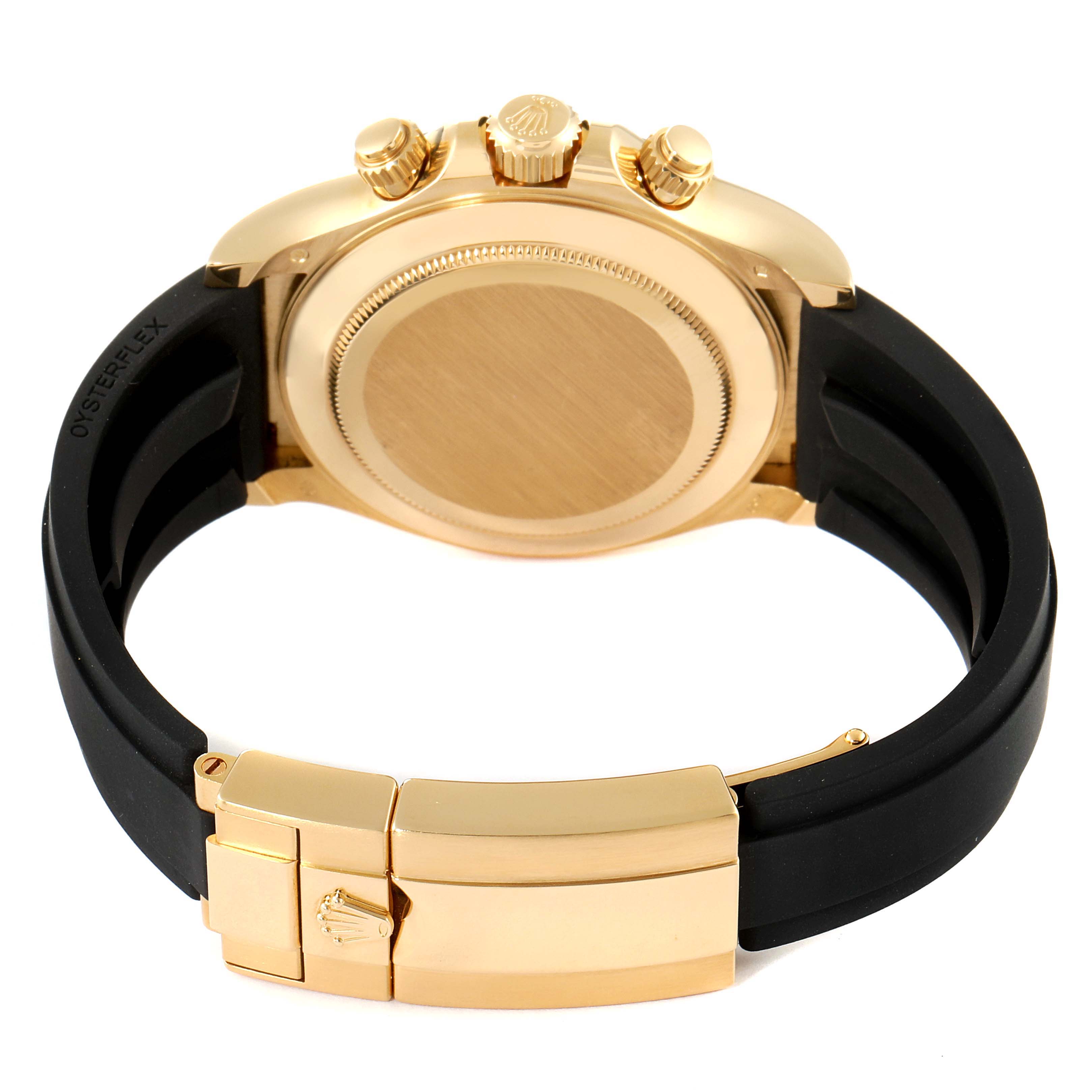 The image shows the back case, crown, pushers, and clasp of a Rolex Daytona 116518 Men
s Yellow Gold Black Dial 116518 Men
s Yellow Gold Black Dial model watch.