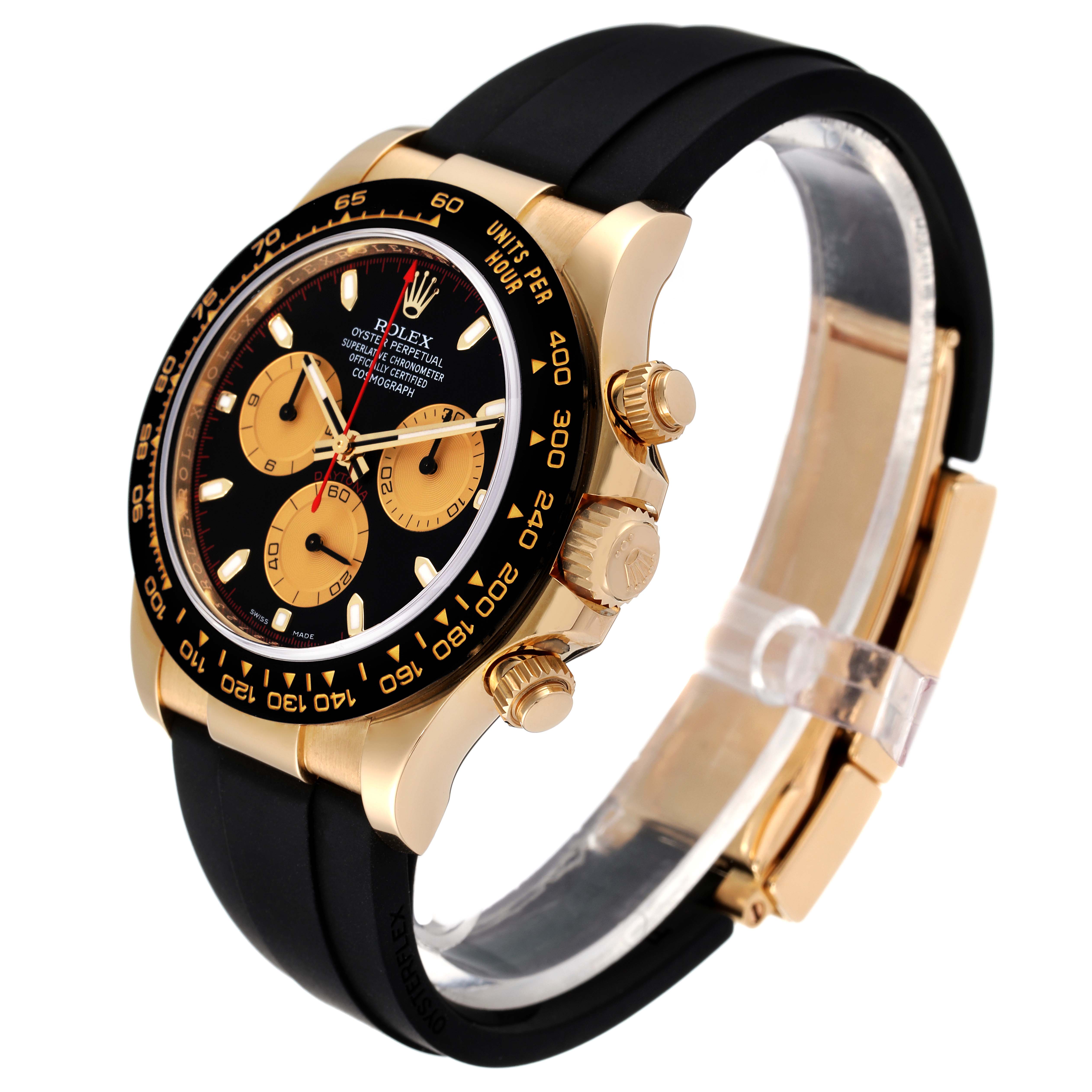 This image shows a side and front view of a Rolex Daytona 116518 Men
s Yellow Gold Black Dial 116518 Men
s Yellow Gold Black Dial watch with its black dial, pushers, and black strap clearly visible.