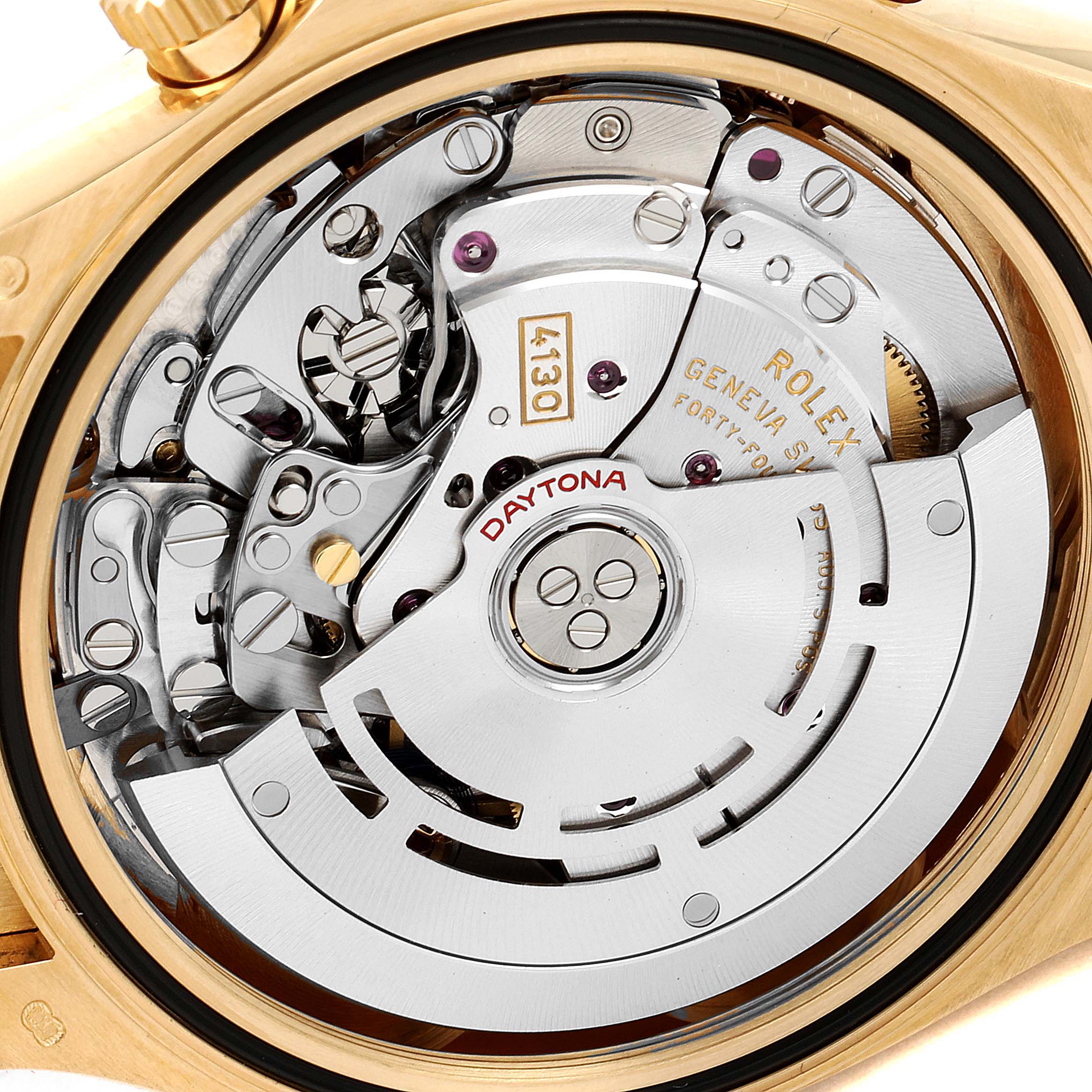 This image shows the intricate back view of the movement mechanism in a Rolex Daytona 116518 Men
s Yellow Gold Black Dial 116518 Men
s Yellow Gold Black Dial watch.