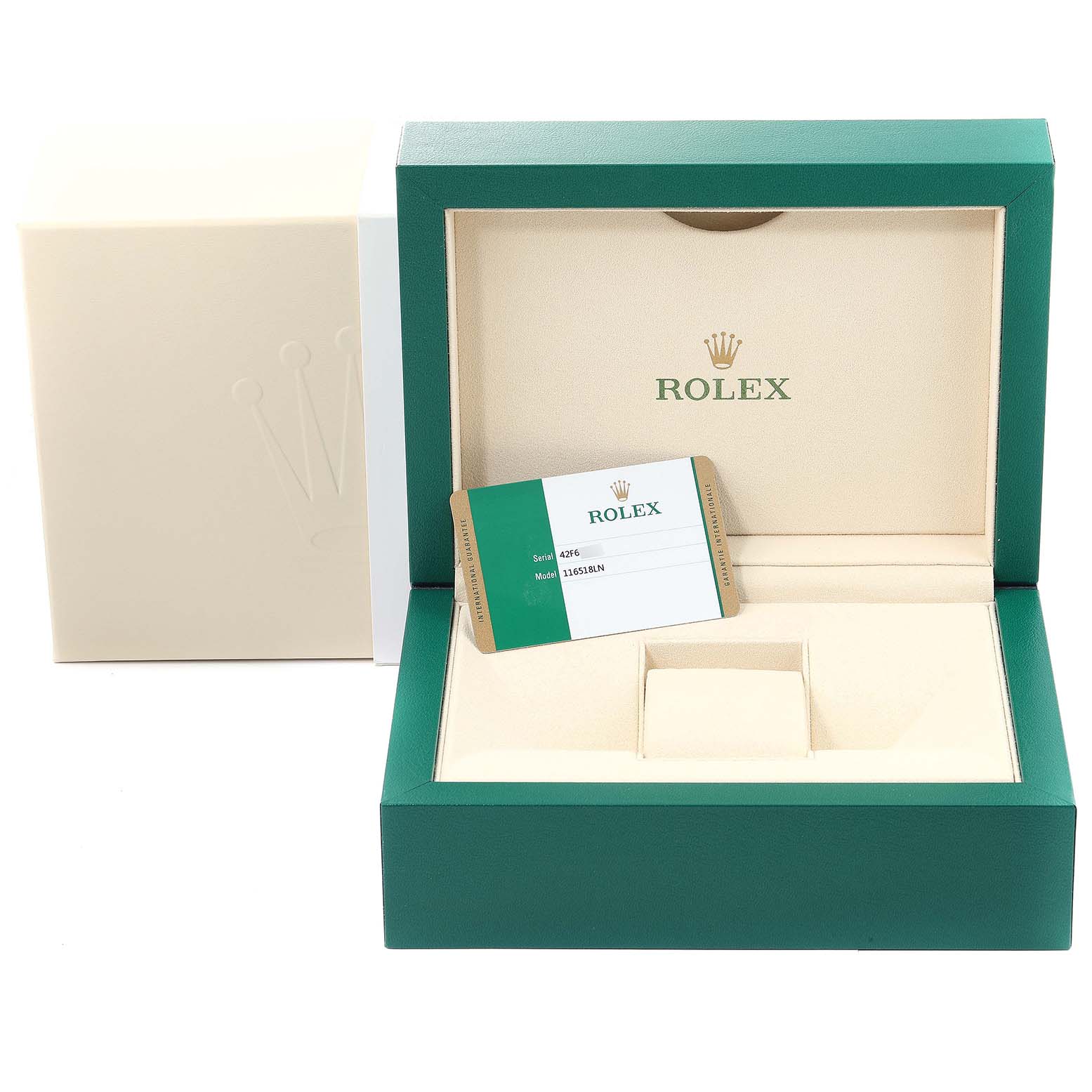 The image shows the open box for a Rolex Daytona 116518 Men
s Yellow Gold Black Dial 116518 Men
s Yellow Gold Black Dial watch, featuring the brand
s logo and an Best Quality
ity card.