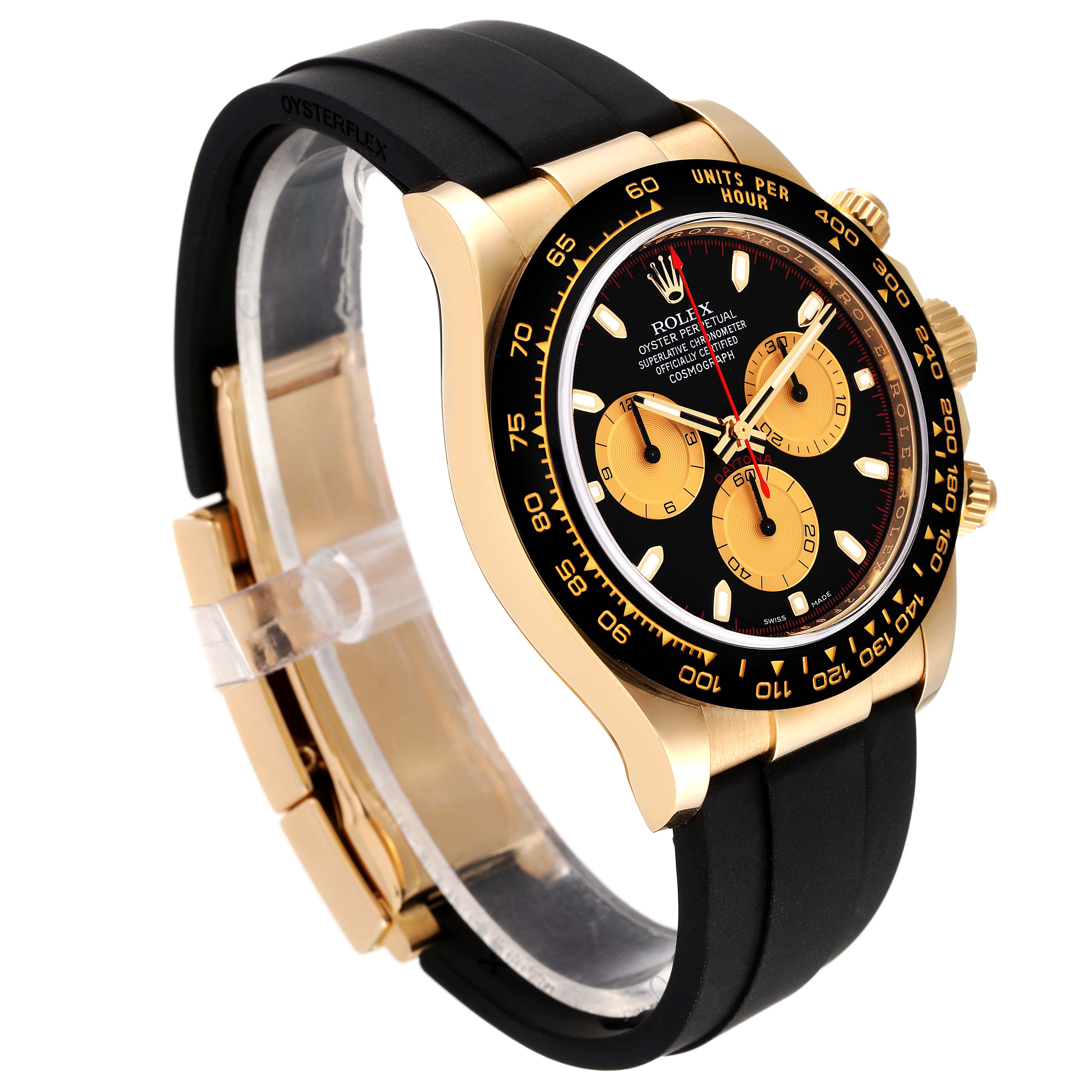 This image shows a side angle of the Rolex Daytona 116518 Men
s Yellow Gold Black Dial 116518 Men
s Yellow Gold Black Dial watch, highlighting its black and gold face, bezel, and black strap.